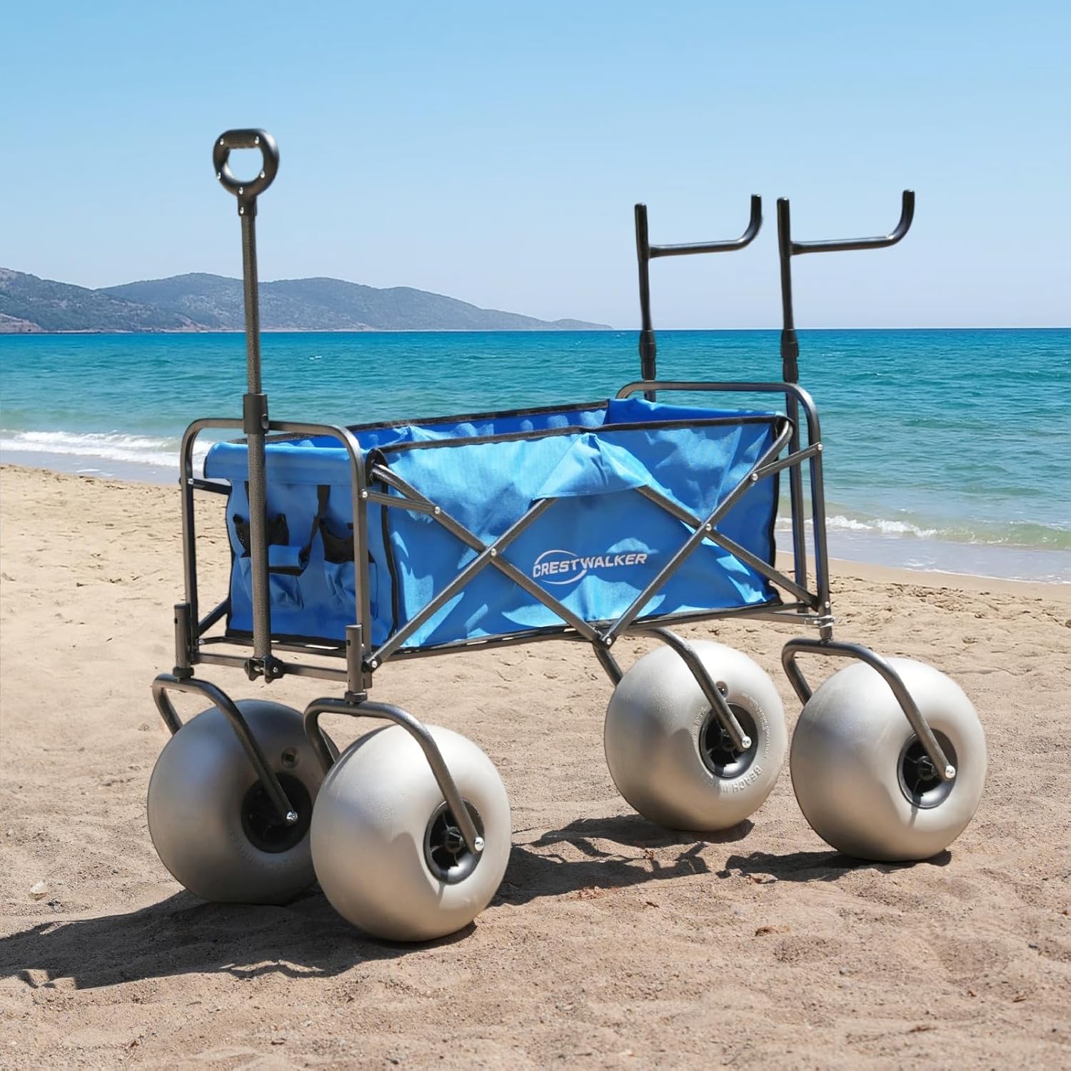 Beach Wagon with 13'' Balloon Tires, Collapsible Cart with Big Wheels for Sand, Adjustable Chair Racks, Pump Included