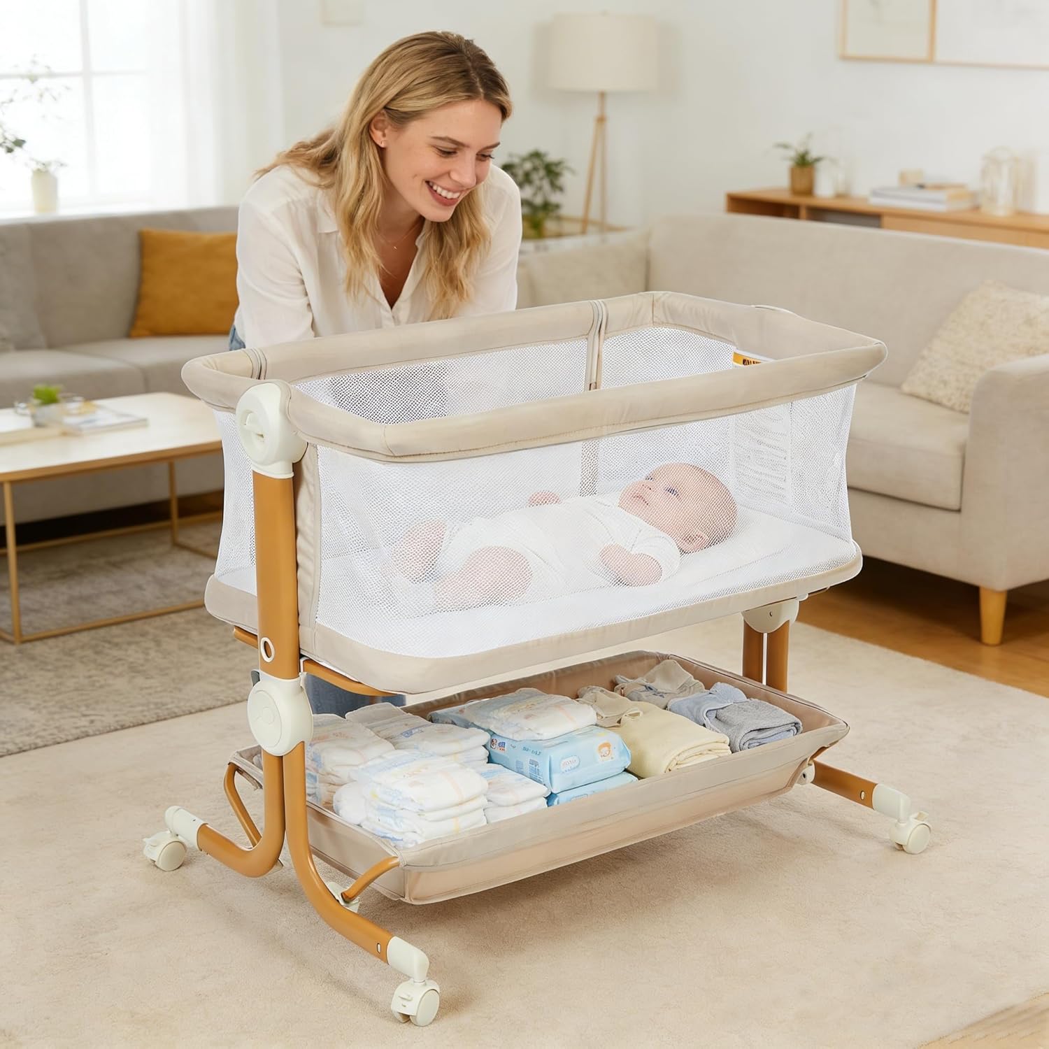 Baby Bassinet, 3-in-1Bassinet Bedside Sleeper with Wheels, Large Storage Basket, Cozy Mattress, Full Mesh Sides, 6-Height Adjustable,1-7°Anti-Reflux Incline, Easy Folding Portable Bassinet for Newborn