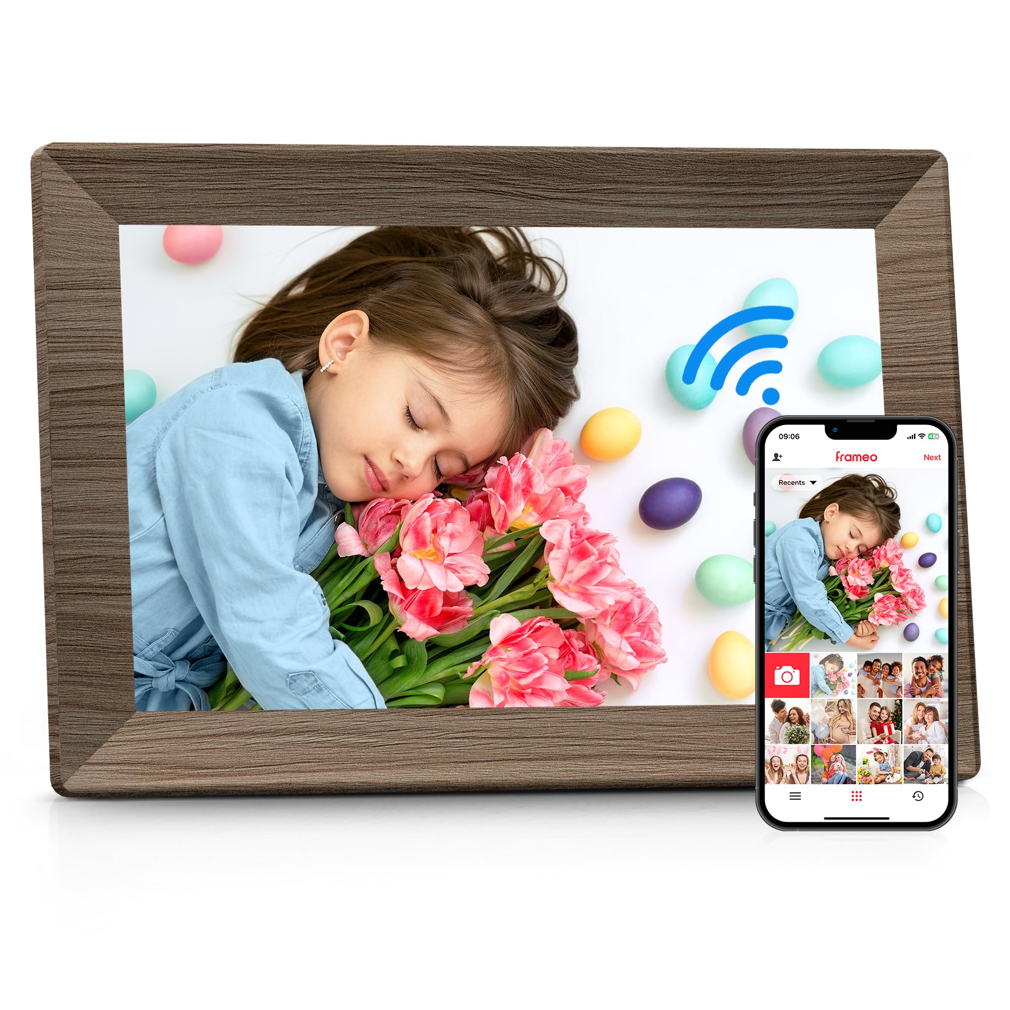 Frameo 10.1" Digital Picture Frame with 32GB Memory Wood WiFi Electronic Photo Frame 1280 x 800 IPS Touch Screen Auto-Rotate Slideshow Wall Mountable Share Photos/Video Remotely Anywhere