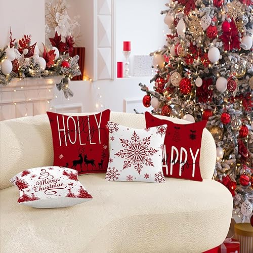 Miniatura 2 de Artmag Juego de 4 fundas de almohada de Navidad de 20 x 20 pulgadas, decoración de casa de campo de Navidad, feliz vacaciones, diseño de copos de