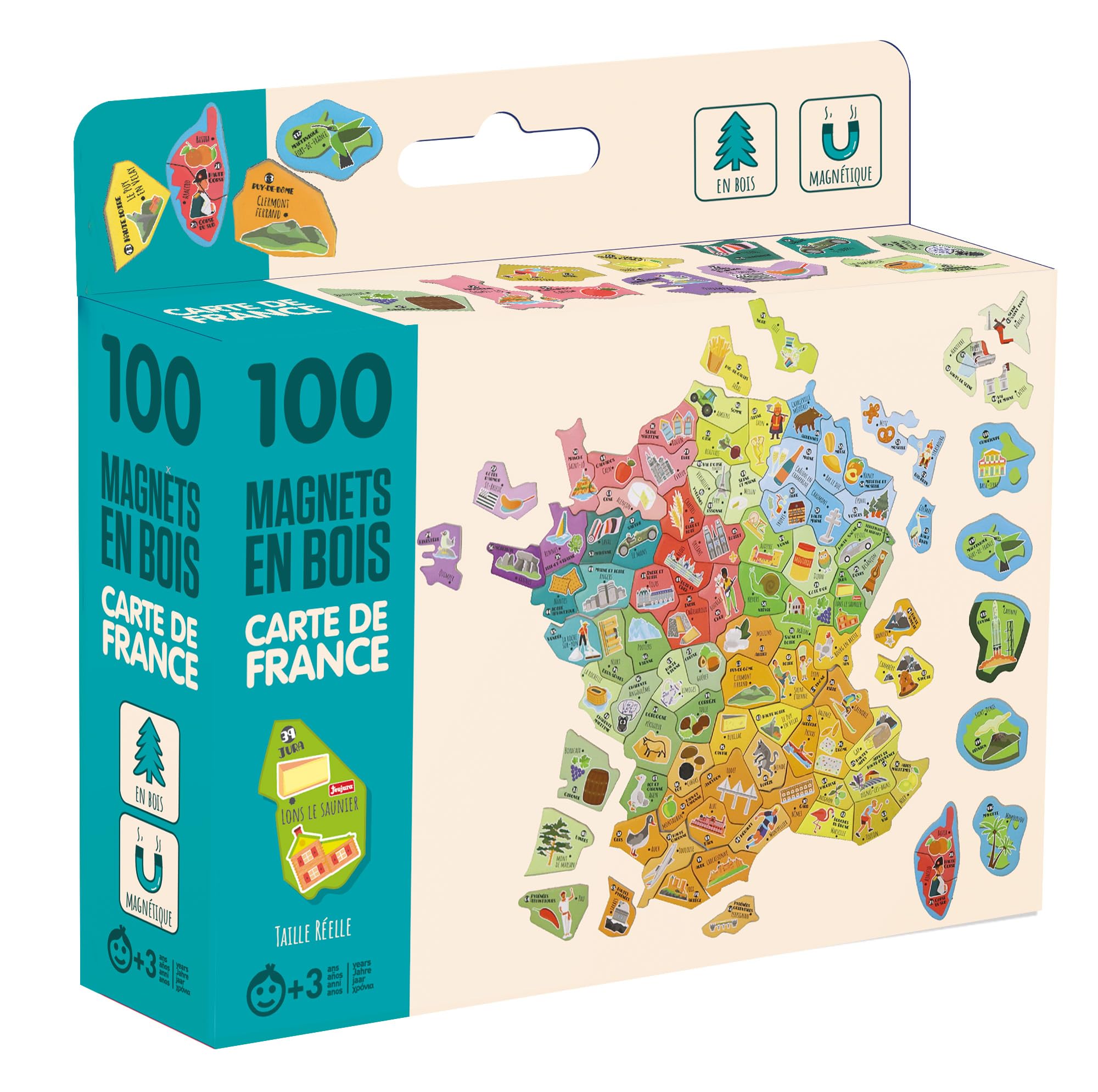 Jeujura - 100 Wooden Magnets Map of France - Reconstitute French Departments and Regions - to accompany the paintings - Wooden magnets - Geography - Box 17x15x4 cm - From 3 years old - 8969