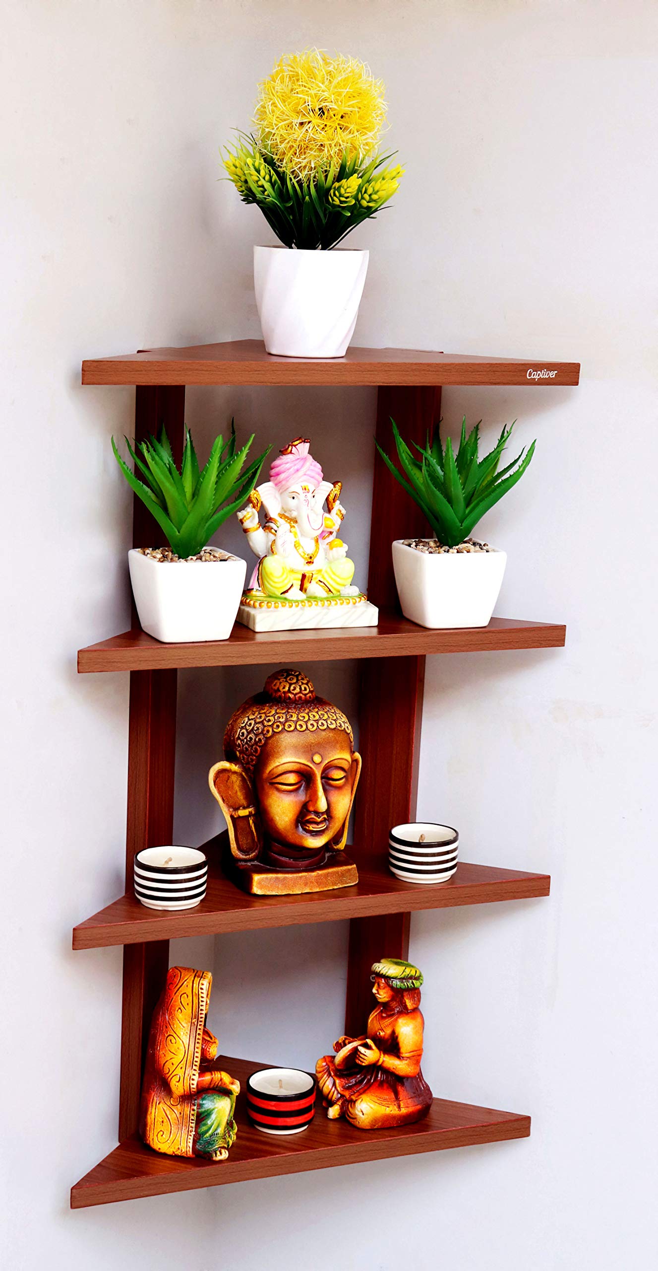 Engineered Wood Wall Mounted Decorative Corner Books Shelf Racks (Matte, Teak) / Living Room Office Hall Bedroom Trophy Stand Bookself Shop Display Home Decor