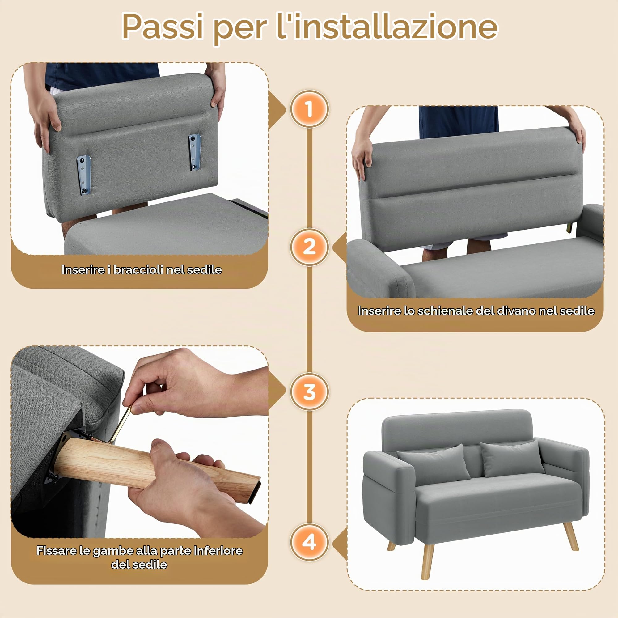 Divano Imbottito a 2 Posti Poltrona Matrimoniale da Salotto Divano Moderno in Tessuto con 2 Cuscini Grigio Chiaro