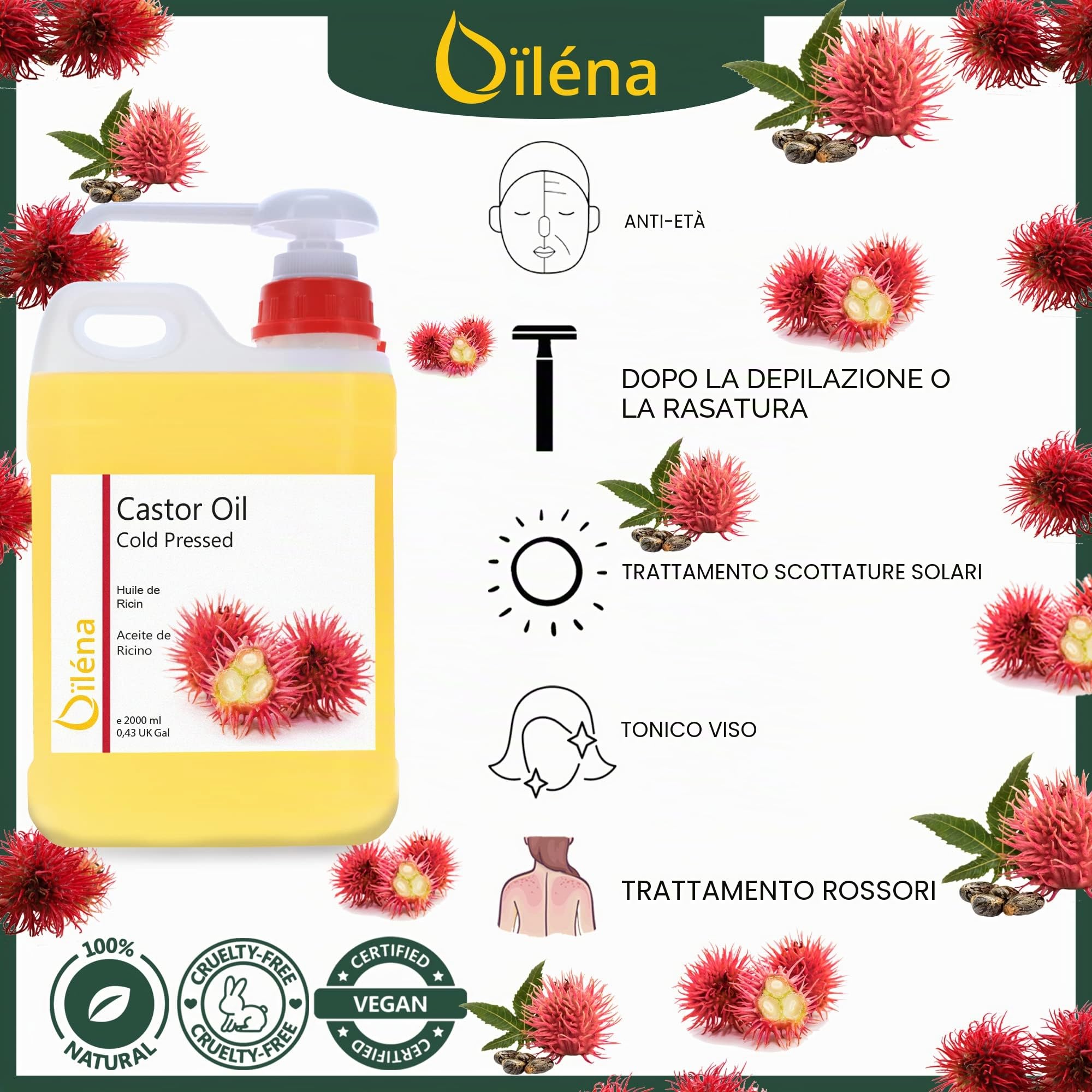 Olio di Ricino 100% Naturale Pressato a Freddo | Benefici per Capelli, Ciglia, Unghie e Cuticole | Idratante Naturale 5000 ml