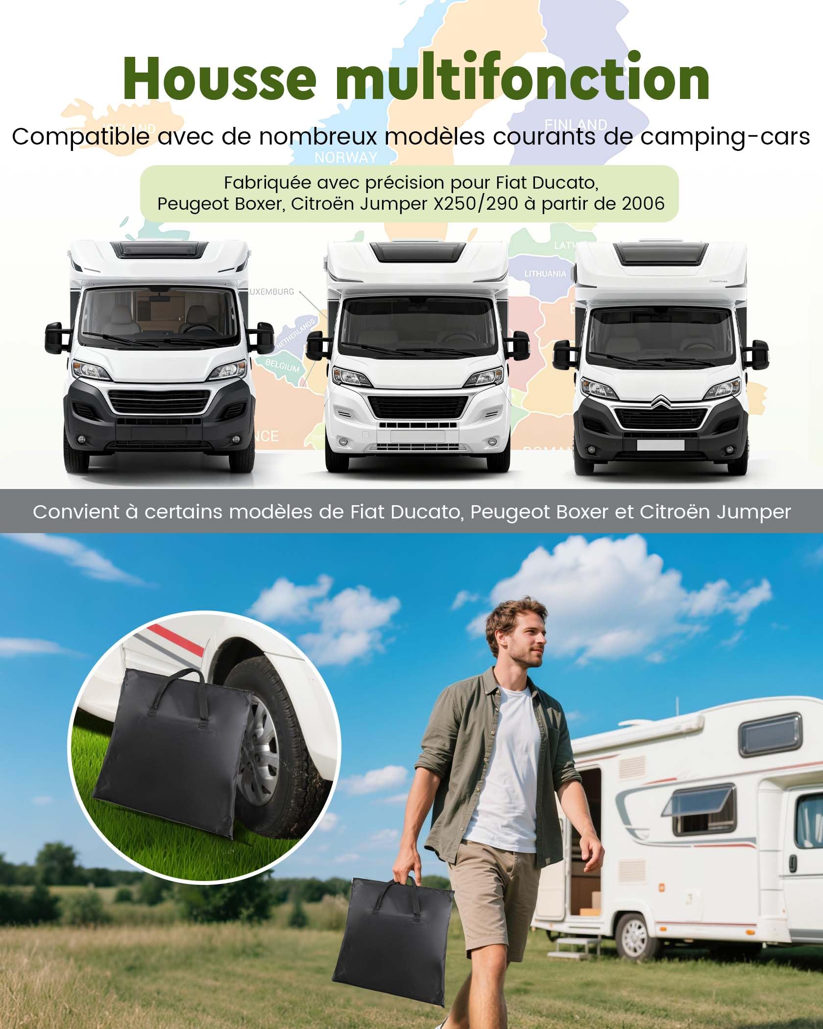 FoundGo Couvre-pare-brise avant pour camping-car avec fermetures éclair en aluminium argenté, housse isolante thermique avec poche, compatible avec FIAT Ducato, Peugeot Boxer, Citroën Relay X250/290 à