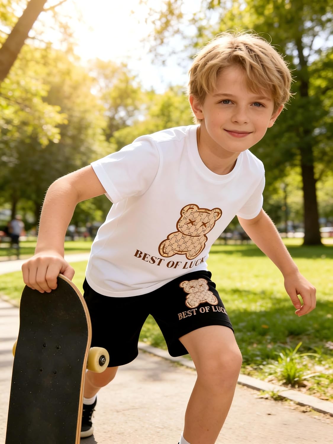 Boys Clothes 2 Piece Outfits Bear Print Tee and Shorts Outfit Set Teen Boys Summer Clothing Sets Size 7-14 Years - Image 3