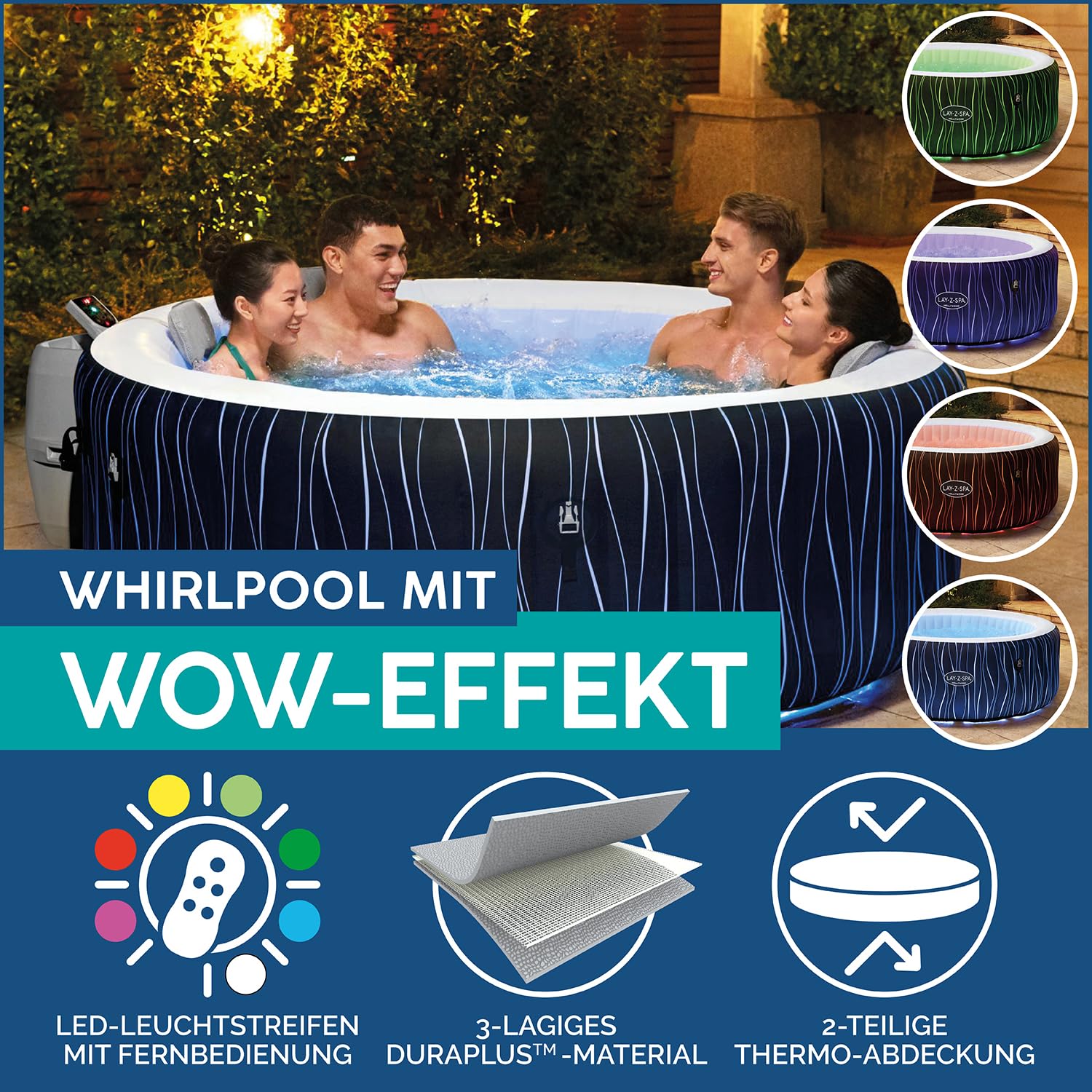 Bestway Lay-Z-Spa Hollywood LED-Whirlpool 6 Personen, Ø 196x66 cm | 140 AirJet-Düsen, LED-Leuchtstreifen mit Fernbedienung, Heizung bis 40°C, 4 Schaumkissen