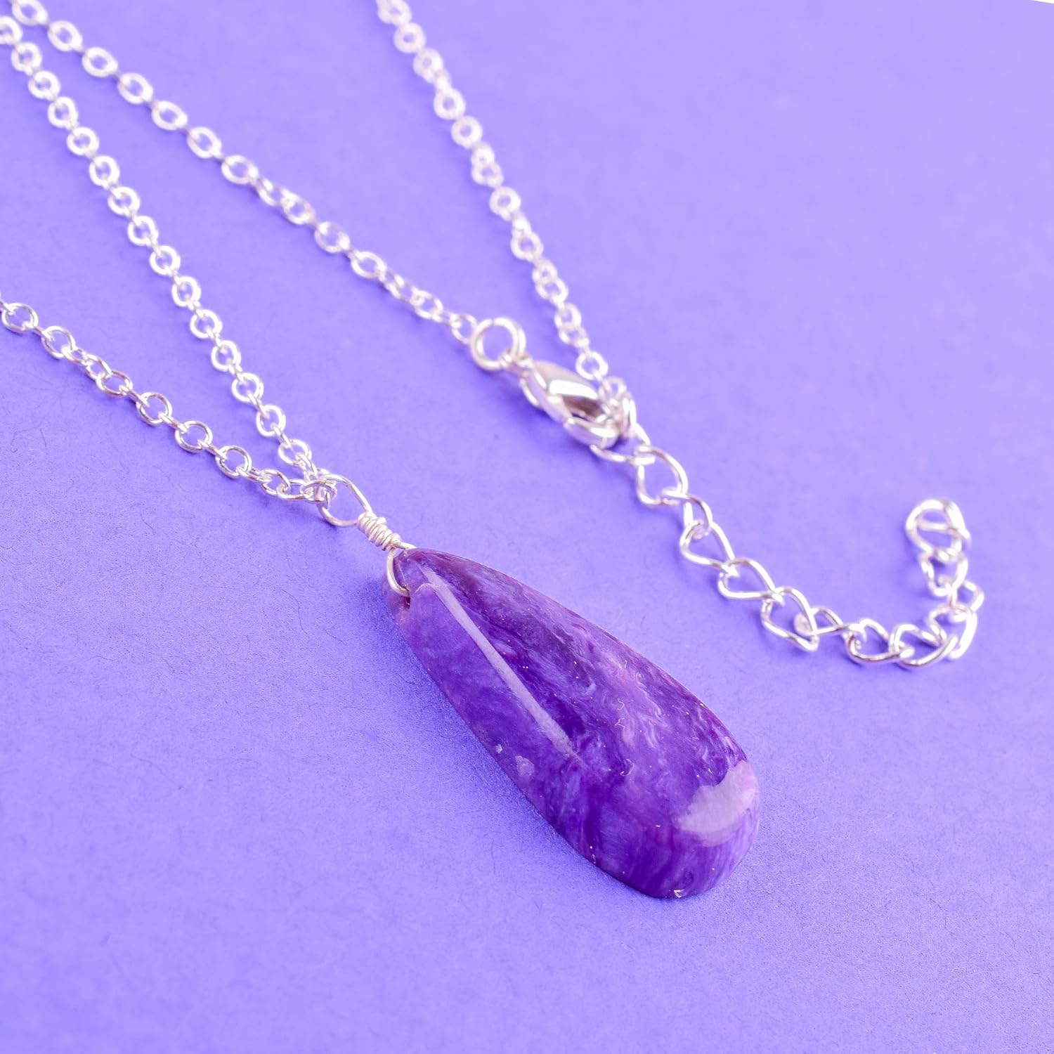 Natural Charoite Crystals Pendant Necklace, Pear Cabochon Gemstone, Energy Healing Crystals, Birthday, Gift for Her, Gemstone Jewelry 18 inch AAA+ Quality (charoite) - Image 3