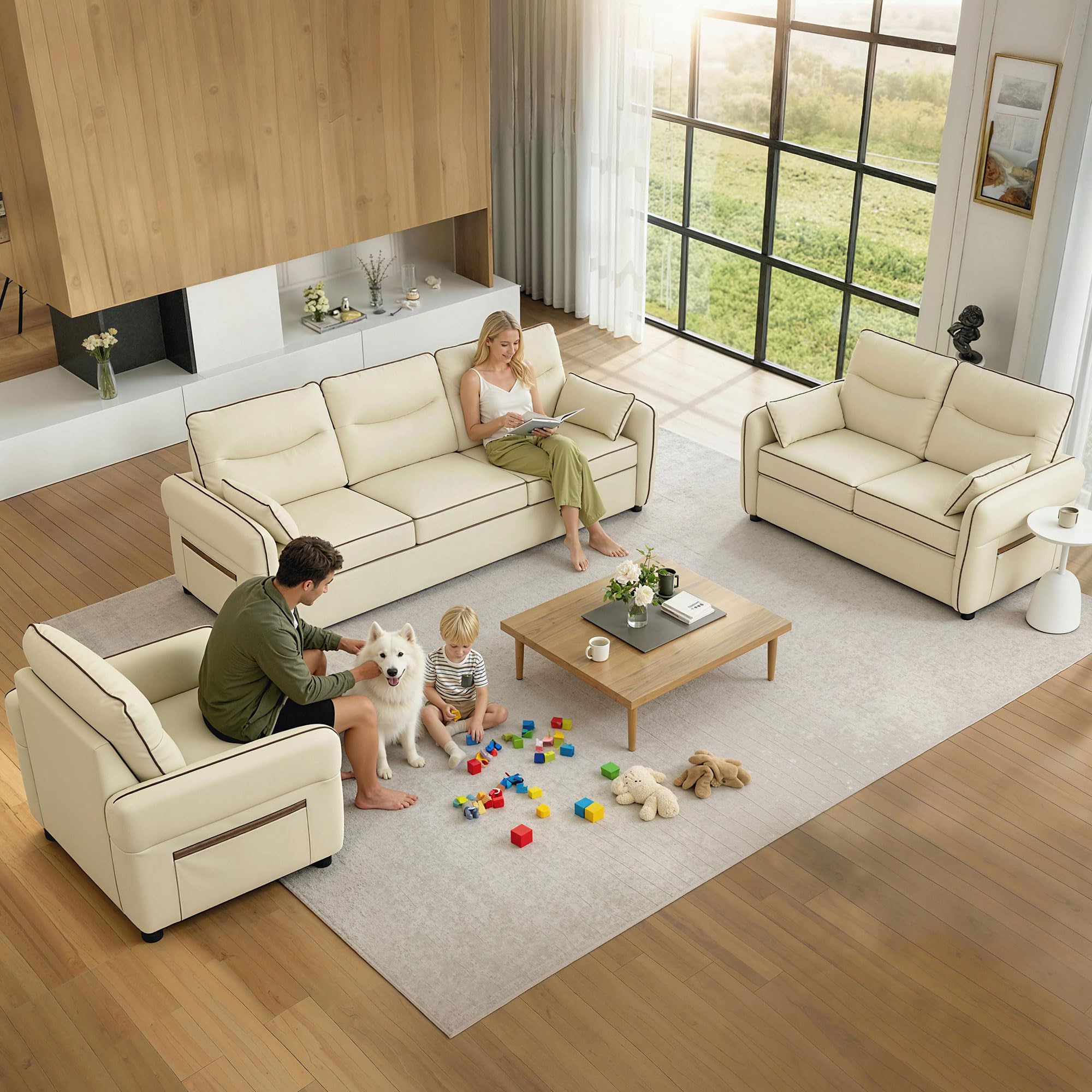 HOMCOM Sofá de 3 Plazas Tapizado en Cuero Sintético 190x83x90 cm Beige | Sofá de Salón Moderno, Acolchado Grueso, Asiento Ancho, Reposabrazos y Bolsillo Lateral, Montaje Rápido, 2 Almohadas