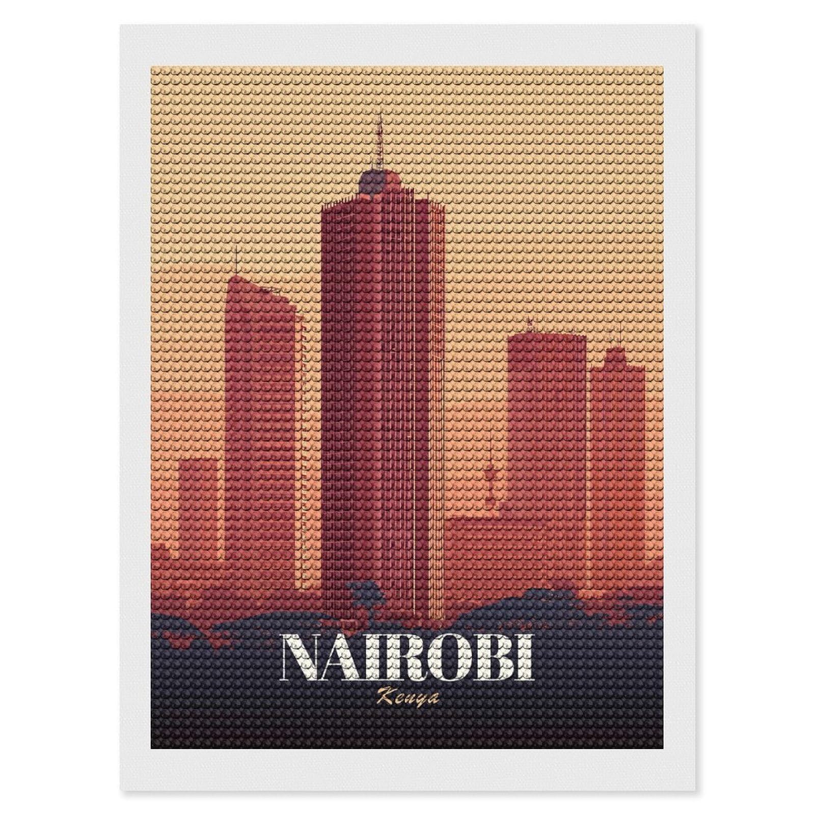Junmoney Nairobi Kenya Skyline Illustration Diamond Painting Canvas Set 12"x16", Boho Decor, for Craft Lovers, Easy Handmade Project, Holiday Gift Idea