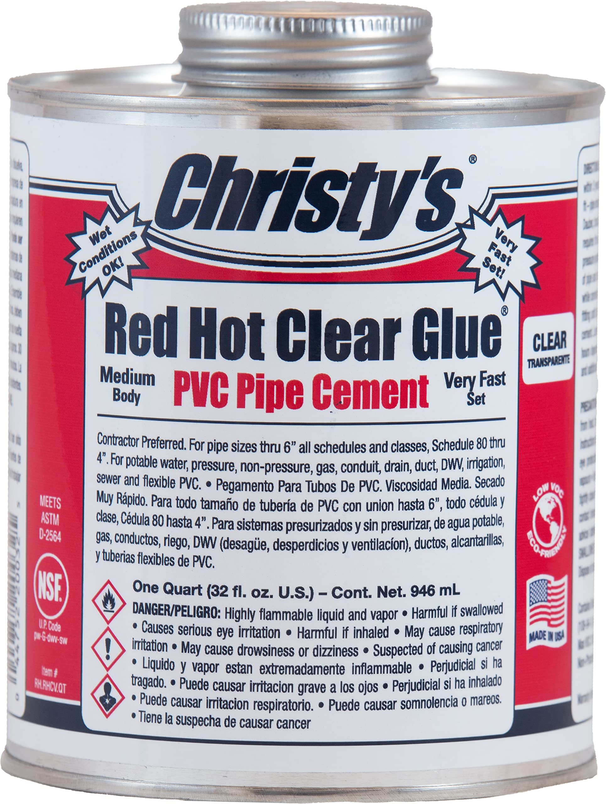 Red Hot Clear Glue PVC Cement - Medium Body, Very Fast Set, Low-VOC, 1 Quart (32 fl oz)