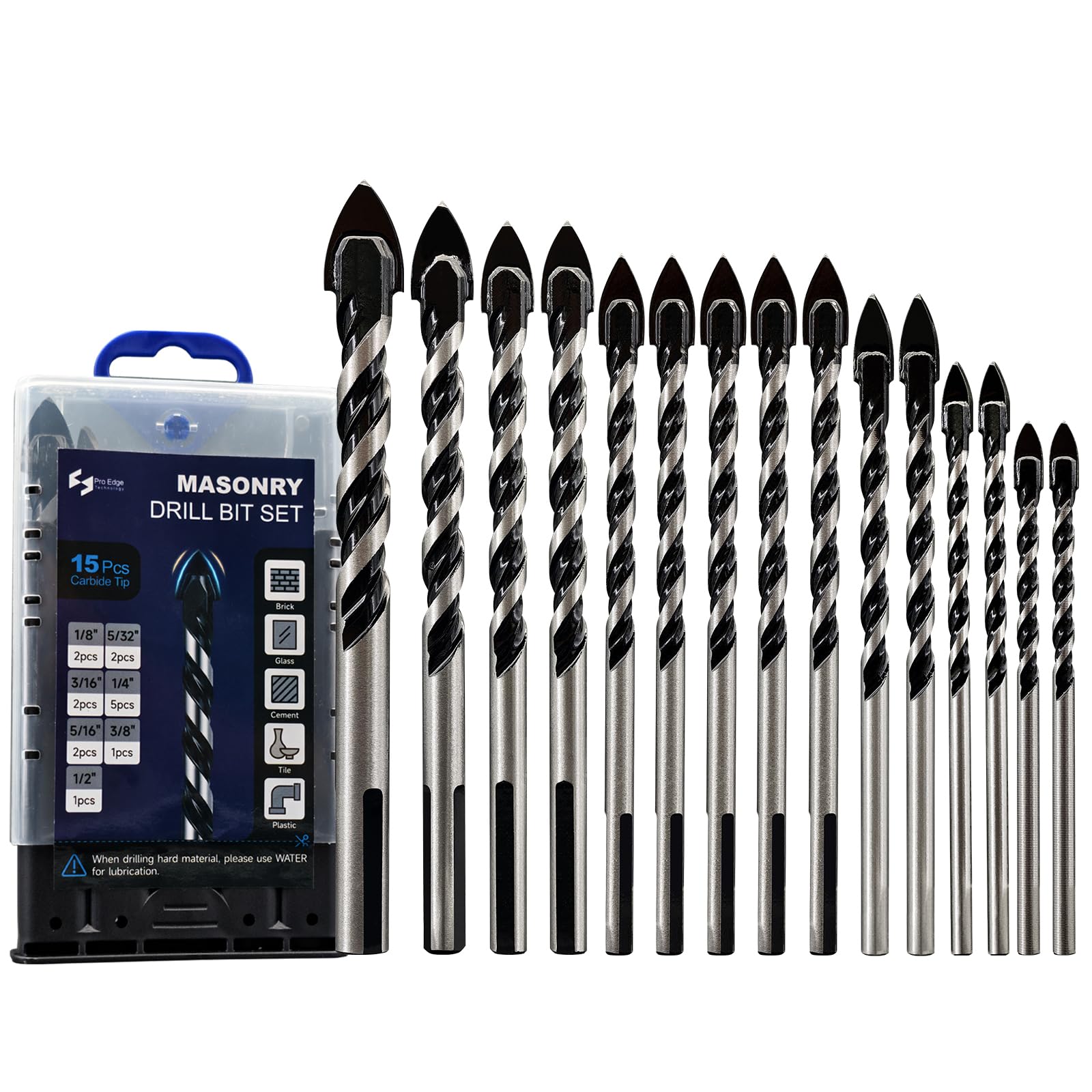Pro Edge Zestaw wierteł do kamienia, 15 szt., od 1/20.3 cm do 1/5.1 cm, wytrzymałość przemysłowa, wiertło z węglika spiekanego, do płytek, szkła, ceramiki, cegły, ściany, drewna, tworzywa sztucznego