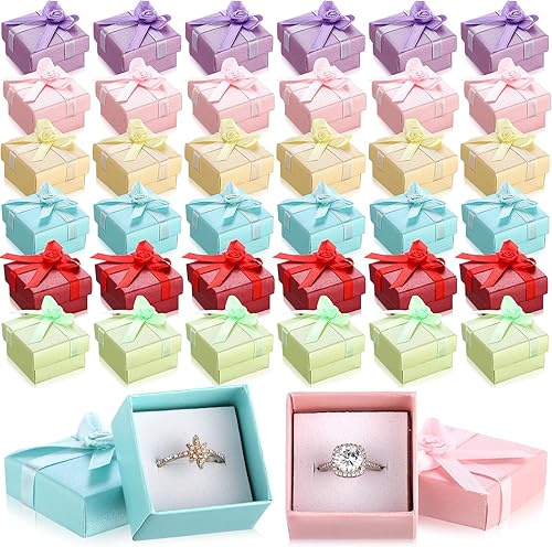 Miniatura 12 de Bucherry 72 cajas de anillos de 1.6 x 1.6 pulgadas, caja de joyería de cartón duro con lazo de cinta, pequeñas cajas de regalo para pequeñas