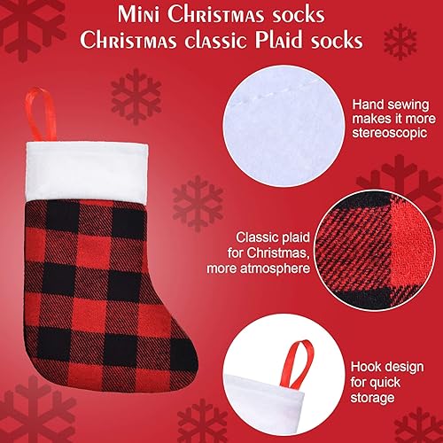 Miniatura 6 de Skylety 24 medias de Navidad en puño de felpa a granel, calcetines pequeños de Navidad a cuadros, calcetines rústicos para chimenea, medias