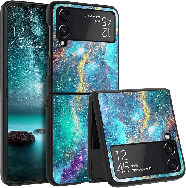 DOMAVER Samsung Galaxy Z Flip 4 5G Case, Slim Fit Glow in The Dark Hybrid Hard PC Folding Shockproof Drop Protective Girls Women Men Phone Cover for Samsung Z Flip 4 5G 6.7" 2022, Green Nebula