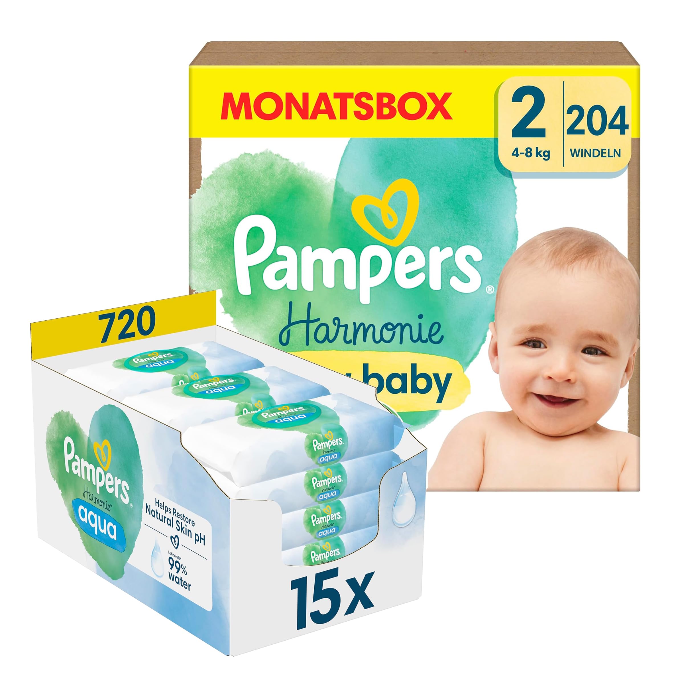 Pampers Harmonie Aqua Baby Set mit Windeln Größe 2 (4-8kg, 204 Stück), MONATSBOX, und Aqua Baby Feuchttücher, 720 Tücher (15 x 48), Baby Erstausstattung