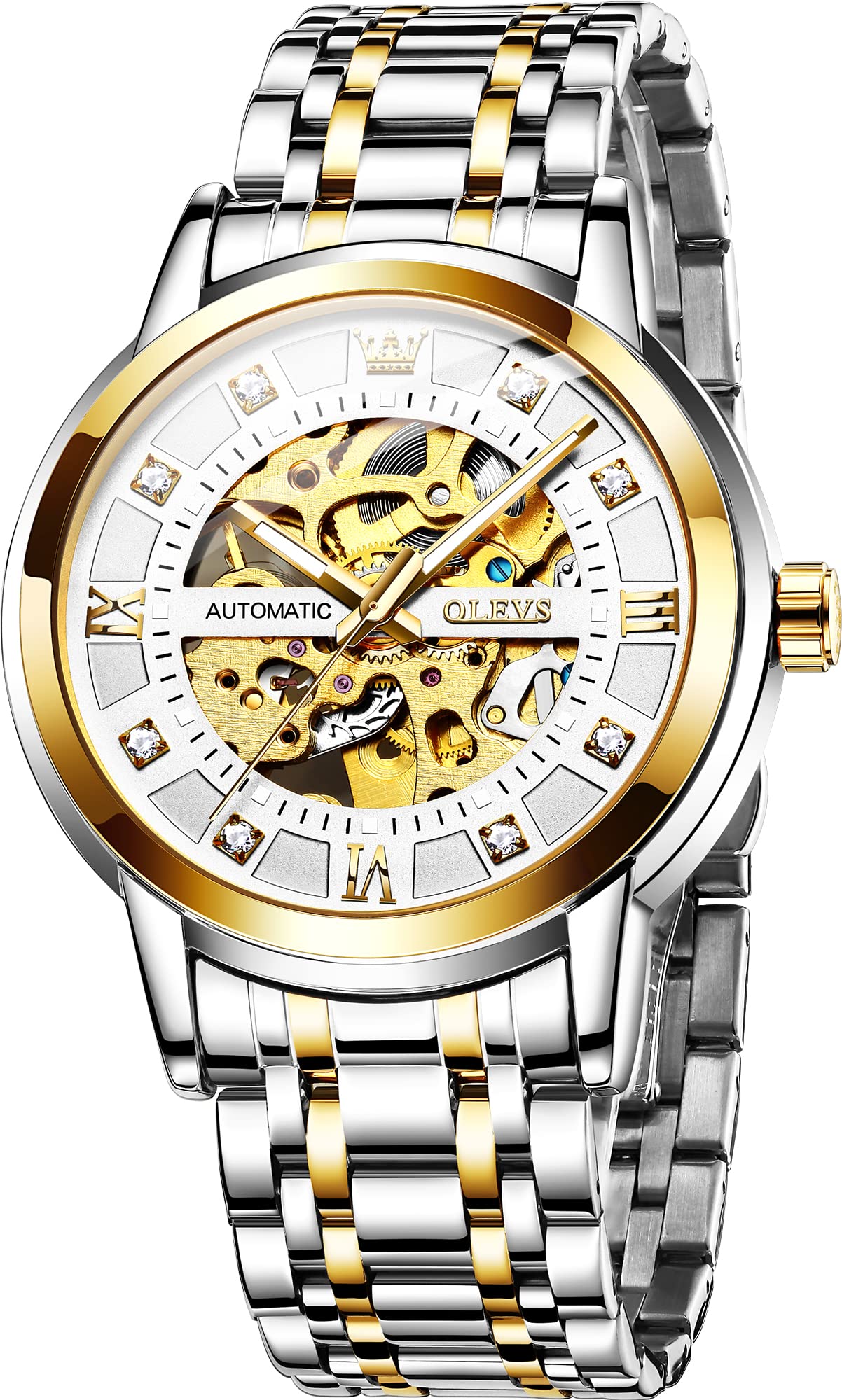 OLEVSGold Skeleton Men's Automatic Mechanical Watches self Winding Luxury Dress Shiny Diamond Stainless Steel Waterproof Luminous Wrist Watches