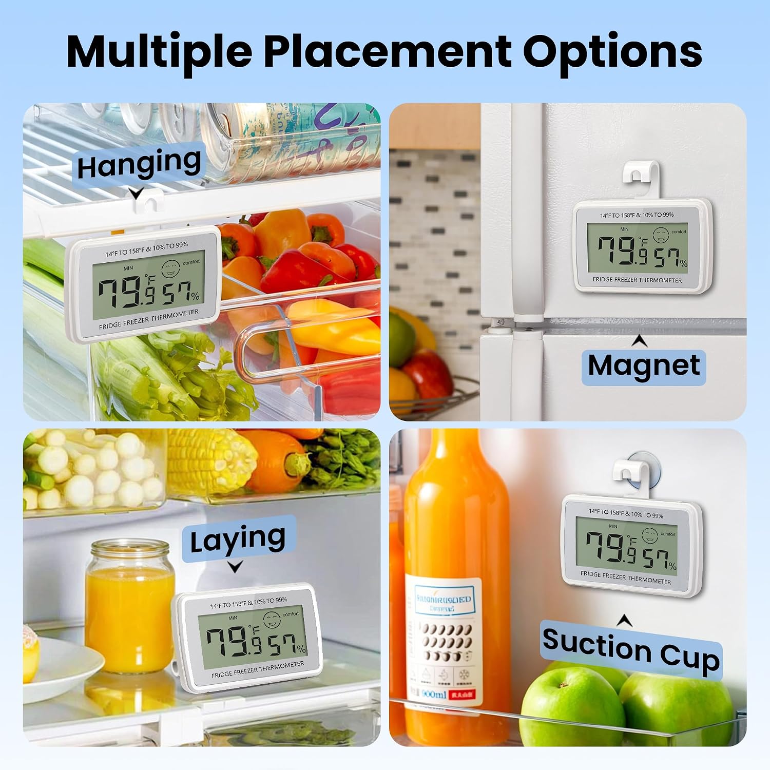 Digital Refrigerator Fridge Thermometer 6 Pack, Waterproof Freezer Thermometer with Max/Min Record, Large LCD Display, Stand and Magnetic Back for Room,Silver