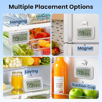 Digital Refrigerator Fridge Thermometer Large LCD Display | Waterproof Freezer Thermometer, Temperature Humidity Sensor, Max/Min Record, Magnetic, Suction Cup, Stand, 6 Pack, Silver