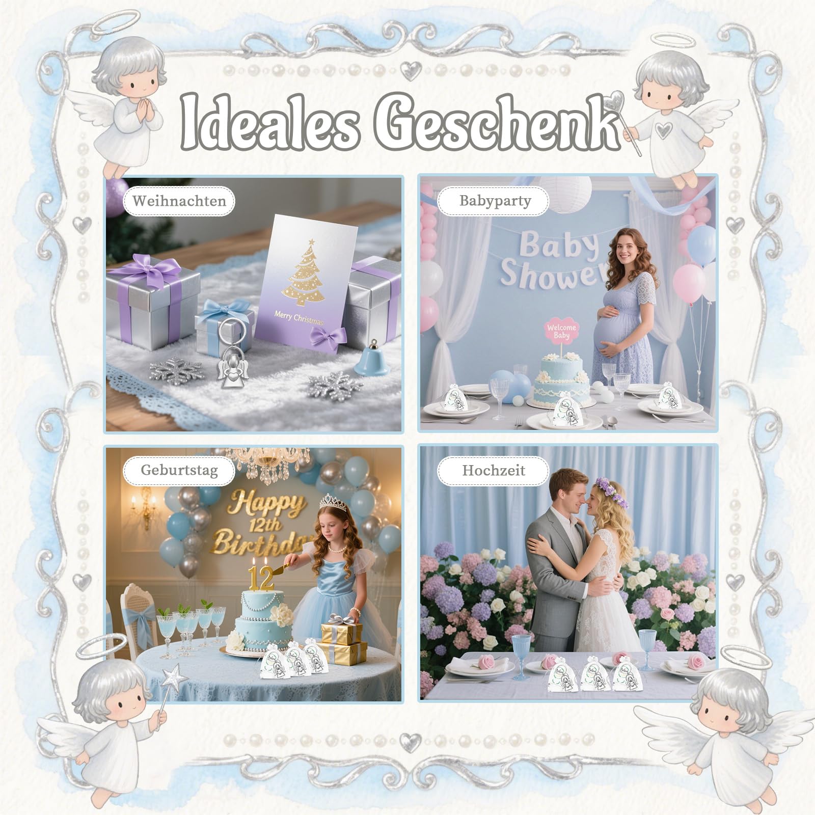 30PCS Schutzengel Schlüsselanhänger Glücksbringer,Glücksbringer Engel Herz Anhänger, Gastgeschenke Schutzengel Anhänger für Hochzeit Abschiedsgeschenk Weihnachtsgeschenke,Taufe,Kommunion (Silber)