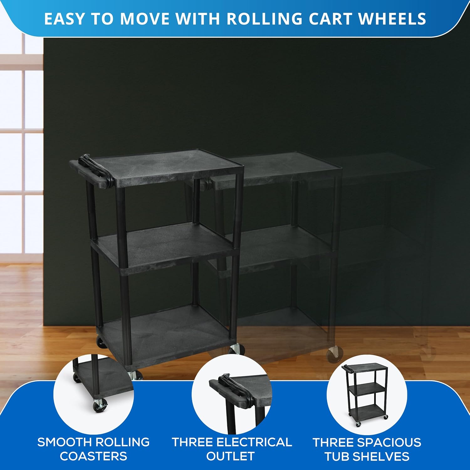 UCPL2E-B, Electric Utility Cart, 3-Shelf Heavy Duty Rolling Service Cart, 42" H, Black