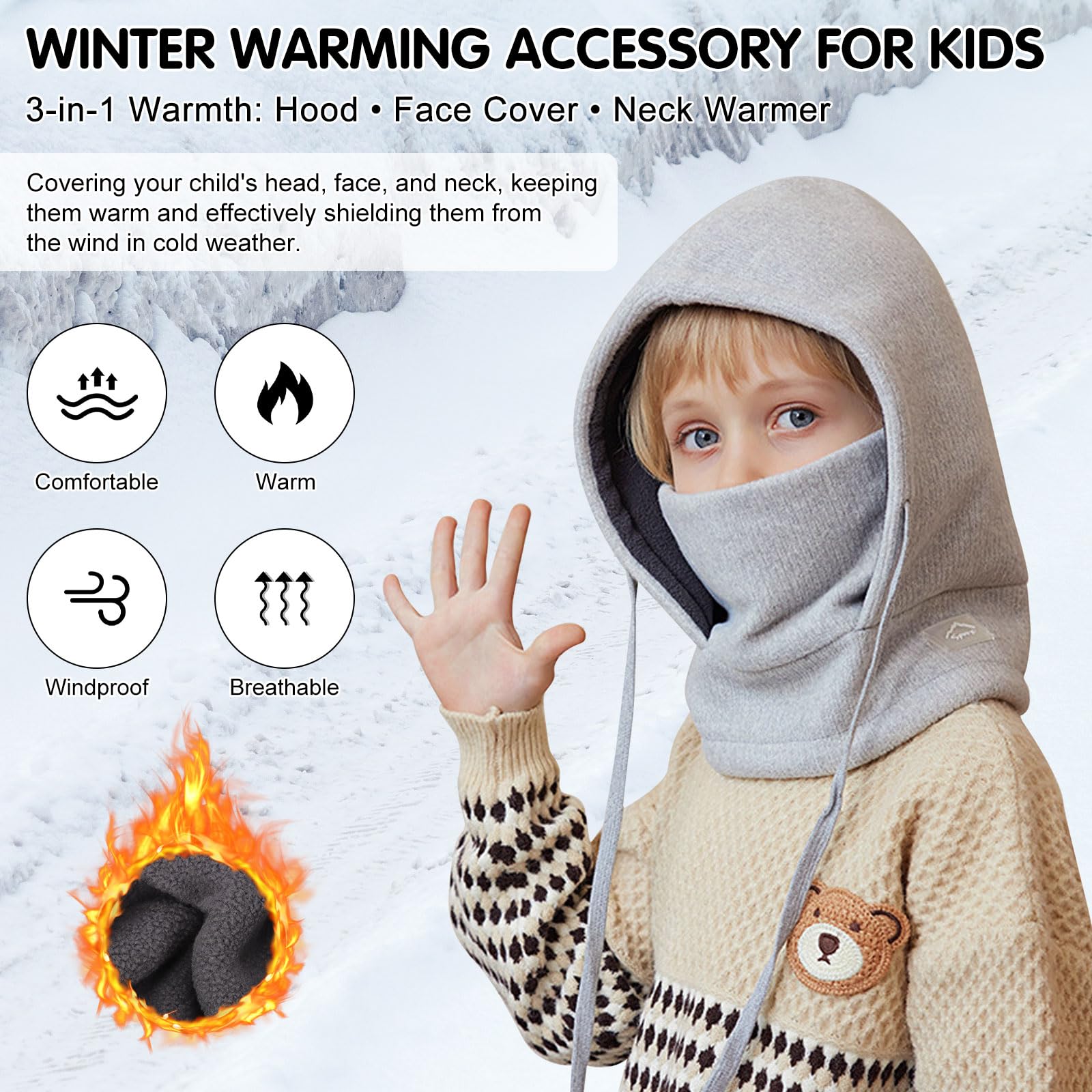 Mayoii Children's Winter Thermal Balaclava, Multifunctional Windproof Ski Mask, Warm Knitted Fleece Hat Hood, Neck Scarf for Boys Girls 4-12 Years