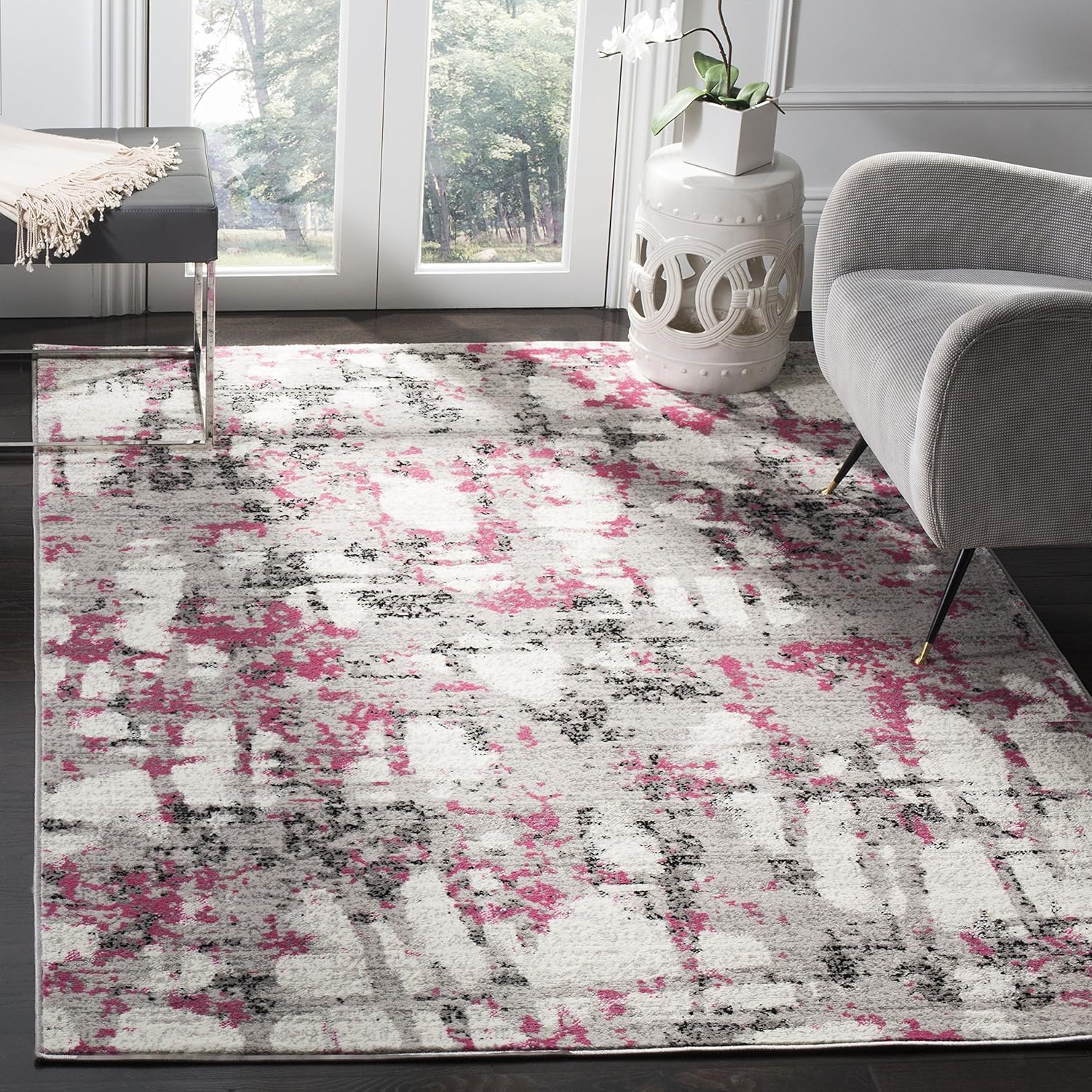 Alfombra de Salón Grande Lavable Suave Alfombras de Habitación de Matrimonio, Home Alfombra Antideslizante Duradera Estilo Abstracto Moderno de Tinta Rosa y Gris, 200 x 300 cm