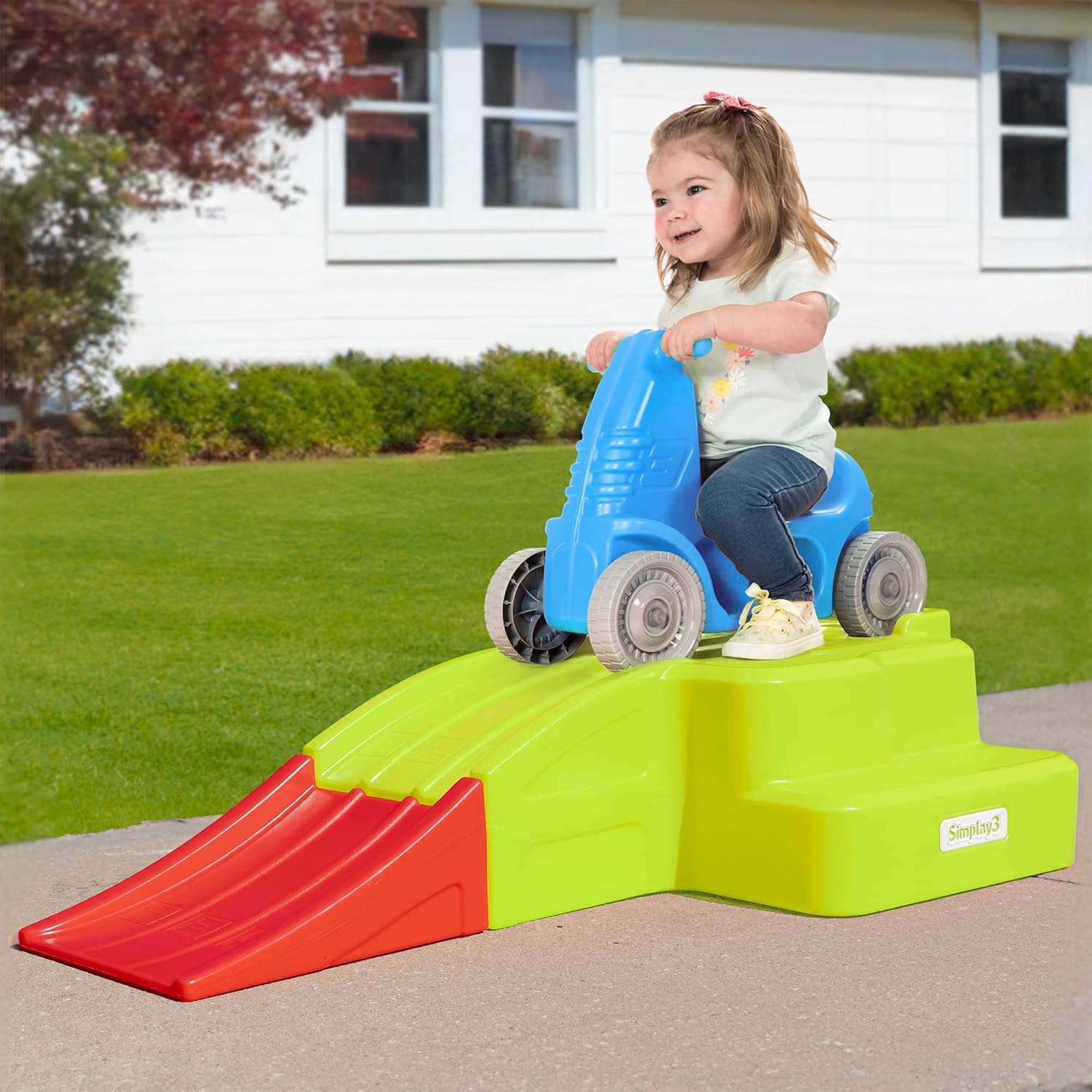 Simplay3 Downhill Thrill Kids Roller Coaster Indoor-Outdoor Ride-on Toy, with Blue Ride-on Car, Coaster Ramp and Clicking Wheels, for Kids Age 2-5 Years, Made in the USA