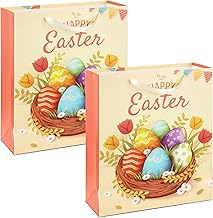 RACHELLES Easter Gift Bags with Handles 2 Pack - Egg Basket Design - Ideal for Wrapping Gifts, Egg Hunt Games, and Party Supplies - Kids Easter Goodie Bags 12.5"x10.2"x4"