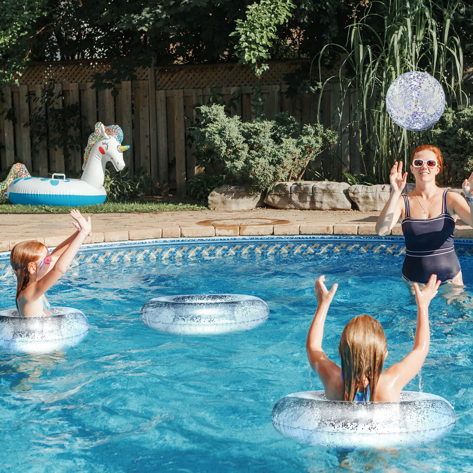 Hungdao 4 Pcs Glitter Inflatable Pool Float Tube Confetti Swim Ring and Glitter Beach Ball Confetti Inflatable Beach Ball for Adult Teens Summer Pool Favor(Silver)