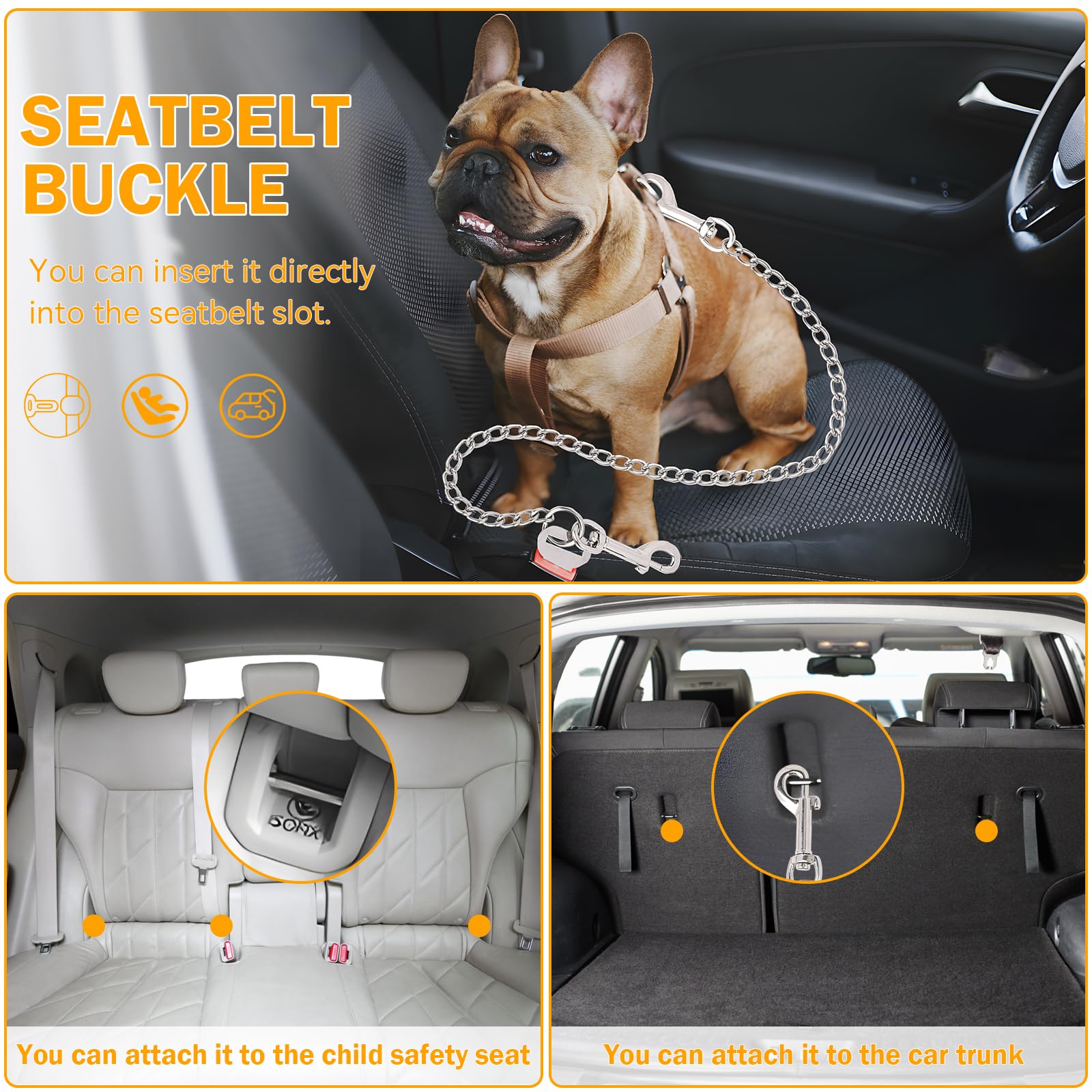 EFUTURETIME Cintura di Sicurezza per Cani Auto 53cm, Cintura Cane Auto Antimorso in Acciaio Inox 304, Guinzaglio Auto per Cani 3 in 1 per Fibbia Cintura di Sicurezza, Bagagliaio e ISOFIX
