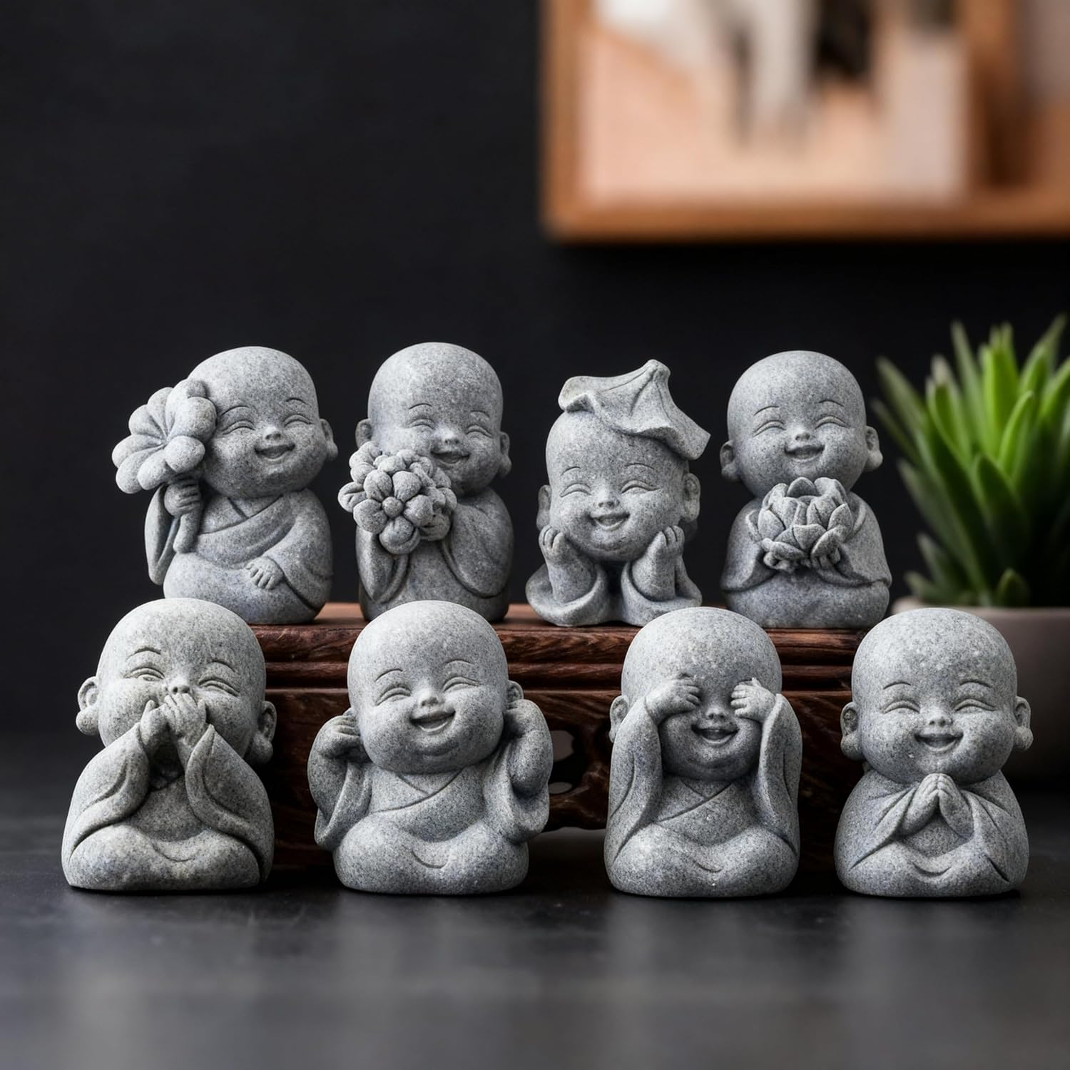 Hoteam 8 Pcs Laughing Buddha Statue Small Zen Monk Praying Sandstone Sculptures for Luck Feng Shui Decor Car Dashboard Home Living Room Office Desk Decor