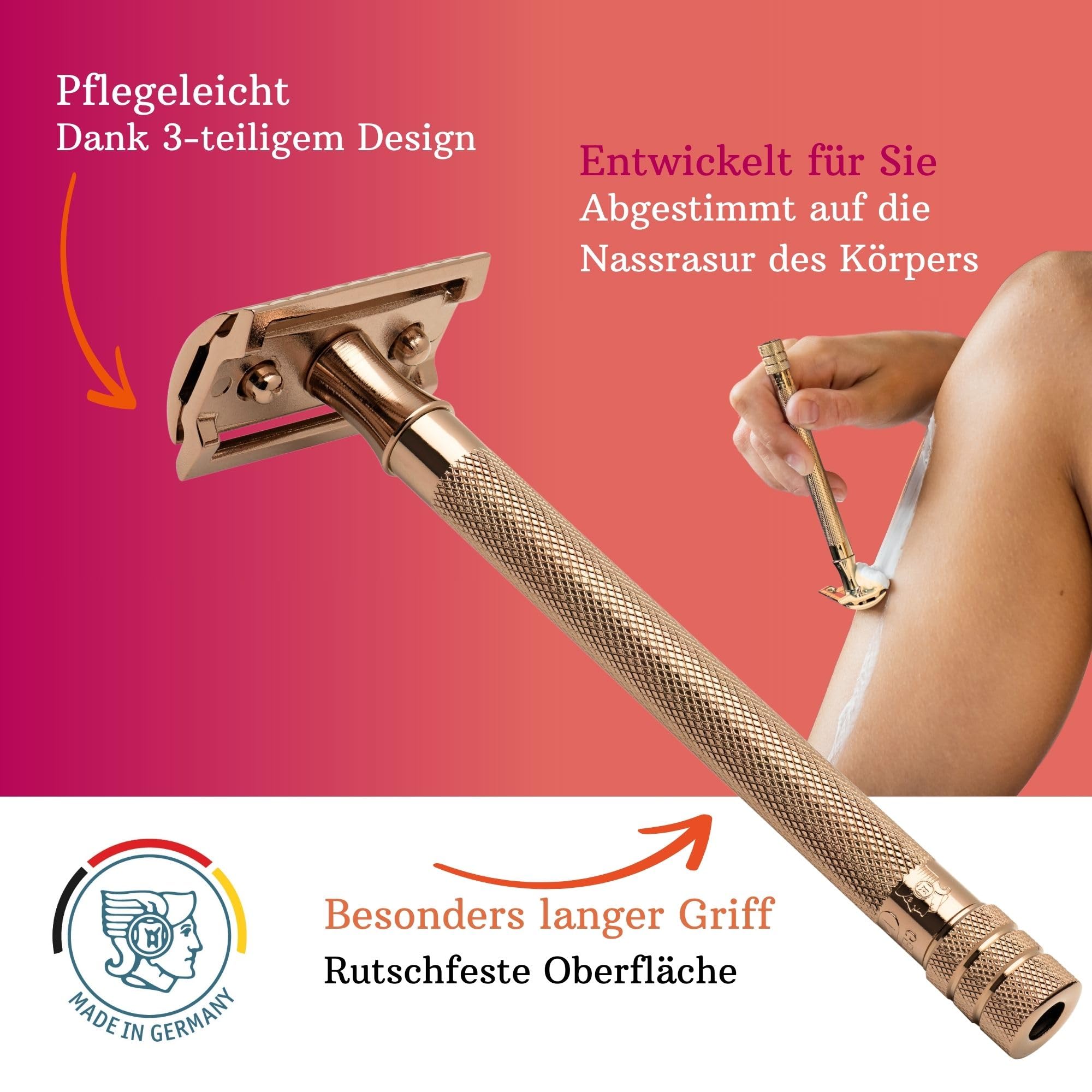MERKUR 24G Rasierhobel für Damen mit 10 Premium Rasierklingen | extra langer Griff | Dreiteiliger Rasierer | gerader Schnitt | Roségold | Made in Germany