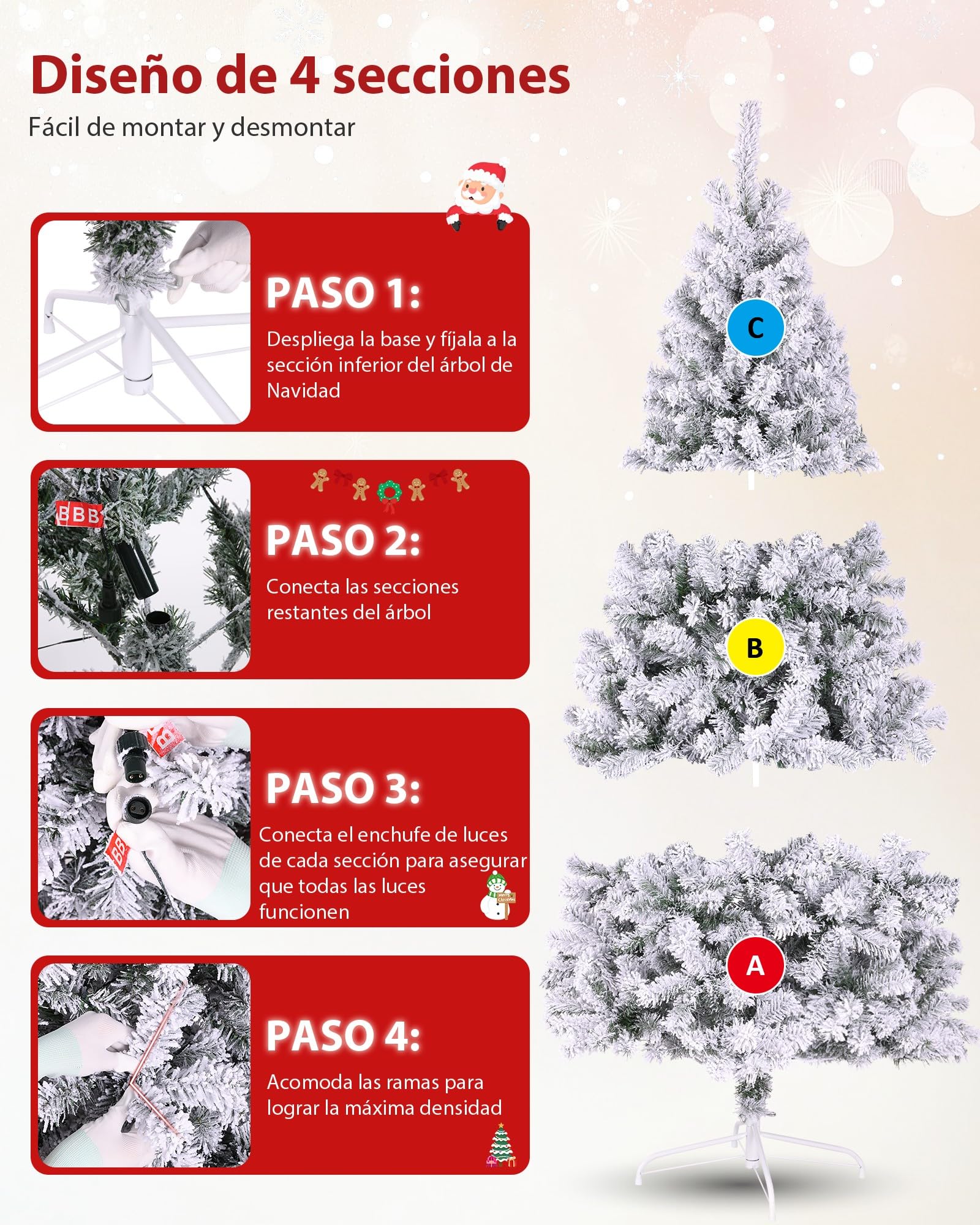 Himimi 180cm Árbol de Navidad Artificial con Iluminación, 250 Leds RGB, 8 Modos de Iluminación, Árbol de Navidad Artificial con Nieve, 1000 Ramas PVC, Decoración Navideña para Casa Oficina(Blanco)