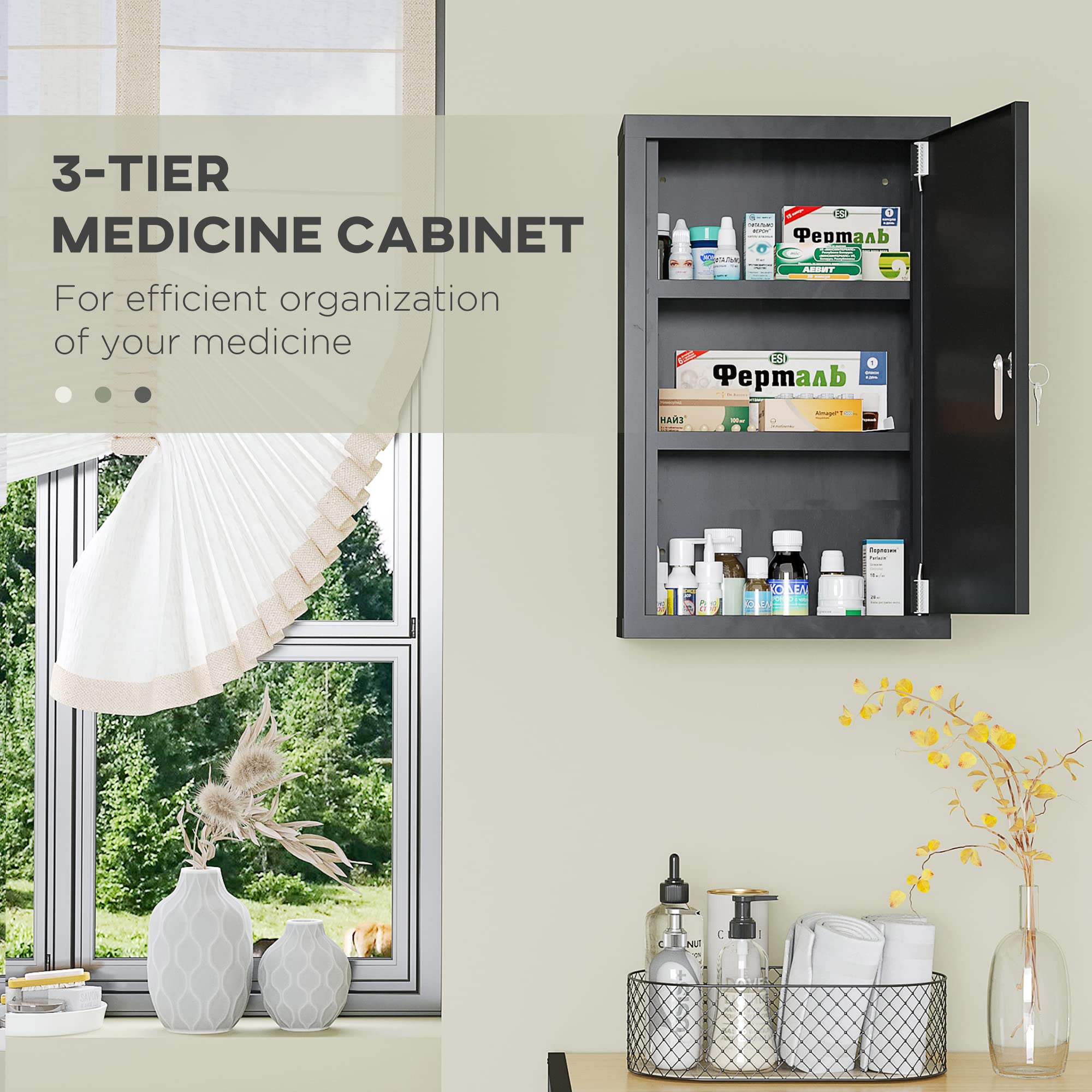 kleankin Armoire de Pharmacie Murale 3 étagères 30x14x46 cm Noire