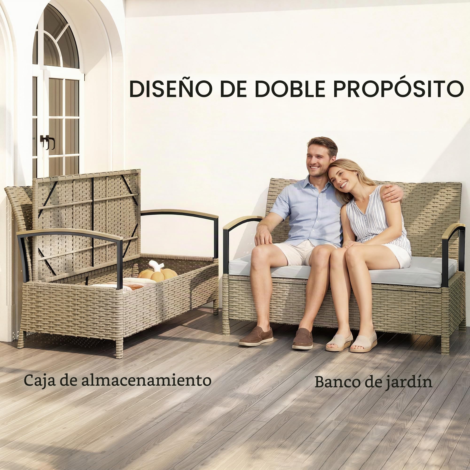 Outsunny Baúl para Exteriores, Banco con contenedor para jardín de 125 l, sofá de 2 plazas de ratán PE con cojín Acolchado, Estructura metálica para Patio, jardín y balcón, Caqui
