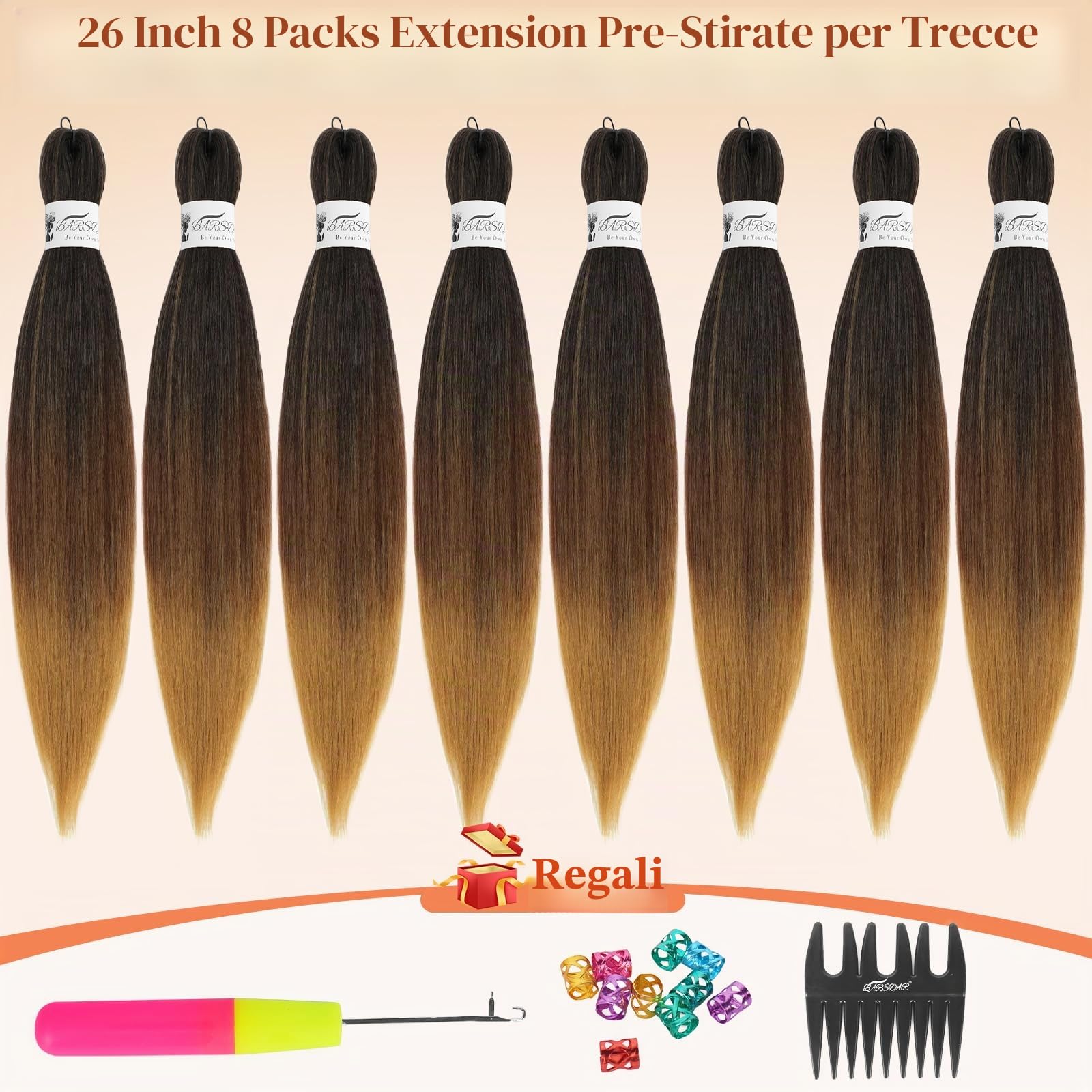 BARSDAR Pre-Stretched Braiding Hair, 66cm 8 Confezioni Lunga Ombre Braiding Hair Pre-Stretched Professionali Sintetici Braiding Hair Extensions Crochet Trecce Hot Water - T1B/30/27#