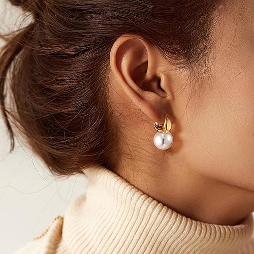 Miniatura 3 de Moodear Gold Pearl Earrings for Women Gold Hoop Earrings 14K Gold Plated Pearls Drop Earrings Trendy Small Elegant Hypoallergenic Dangle Gold