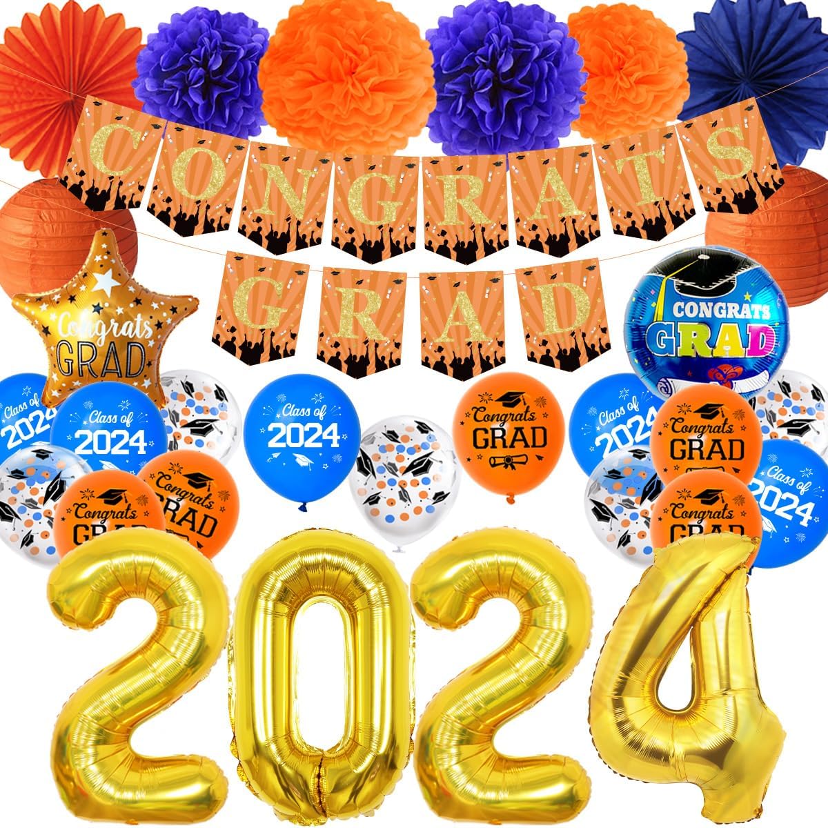 JOYMEMO 2024 Graduation Decorations Orange Blue, Congrats