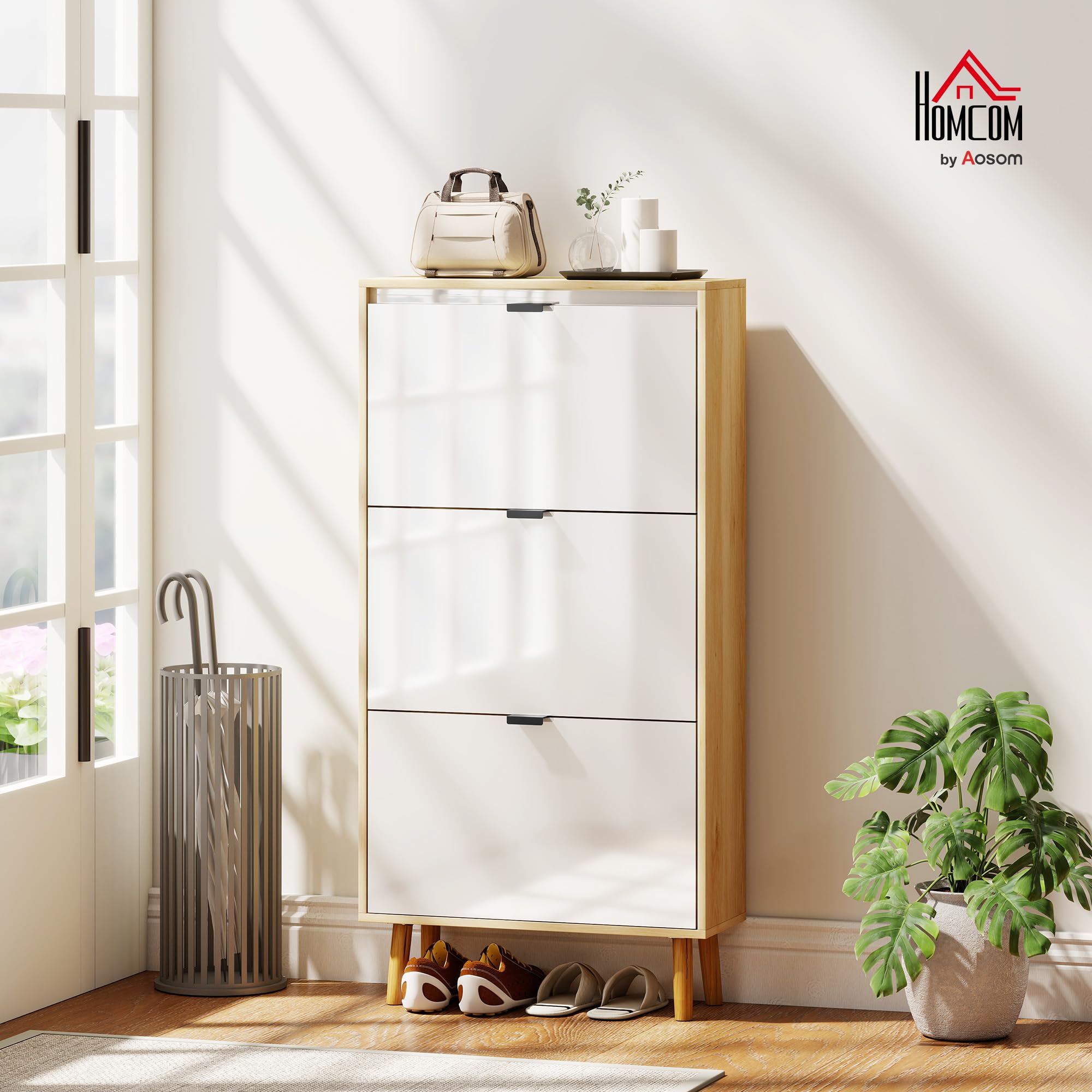 HOMCOM Zapatero Estrecho con 3 Puertas en Blanco Brillo, Zapatero Entrada Recibidor con Estantes Ajustables Patas de Madera, para 18 Pares de Zapatos, 60x24x127 cm Blanco