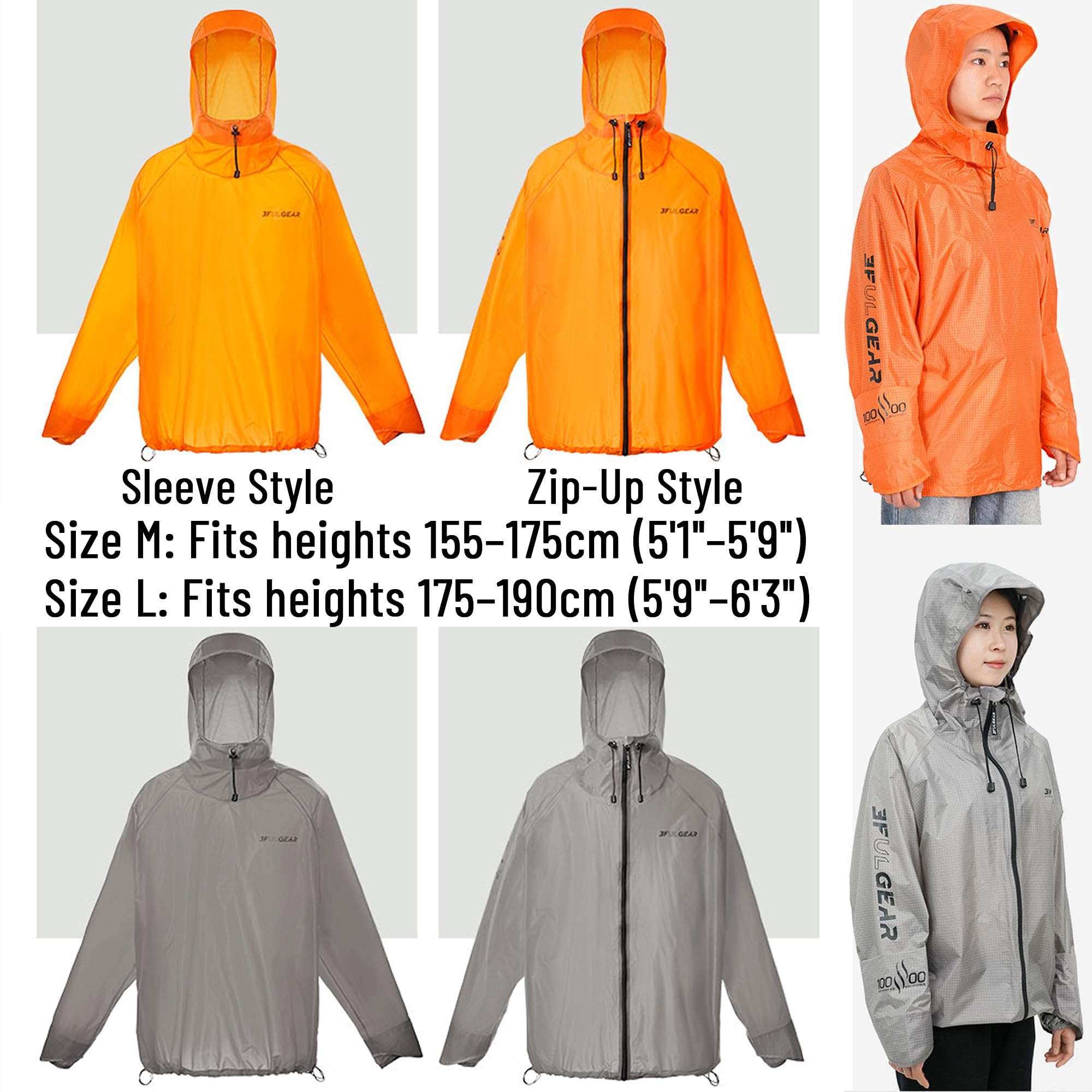 windhike 3F UL GEAR Ultraleichter Regenponcho – Atmungsaktiver seitlicher Reißverschluss, PU10000 mm Regenmantel für Erwachsene & Jugendliche, Herren Damen