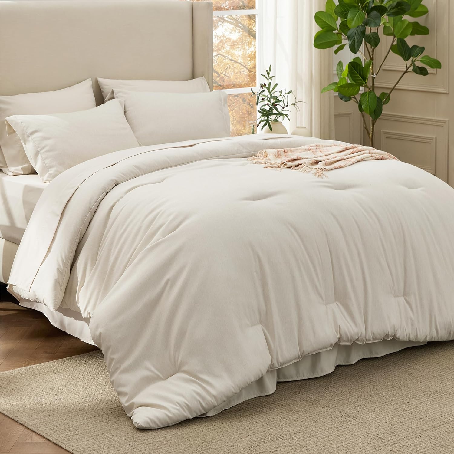 Bedsure Full Comforter Set Beige - Bed in a Bag Full Size Bedding 7 Pieces, Cationic Dyed Bed Set Gift for Family, Beige Soft Bedding for All Seasons Comforter with Sheets, Pillowcases & Shams Full(7-piece with Sheet Set) 05 - Beige
