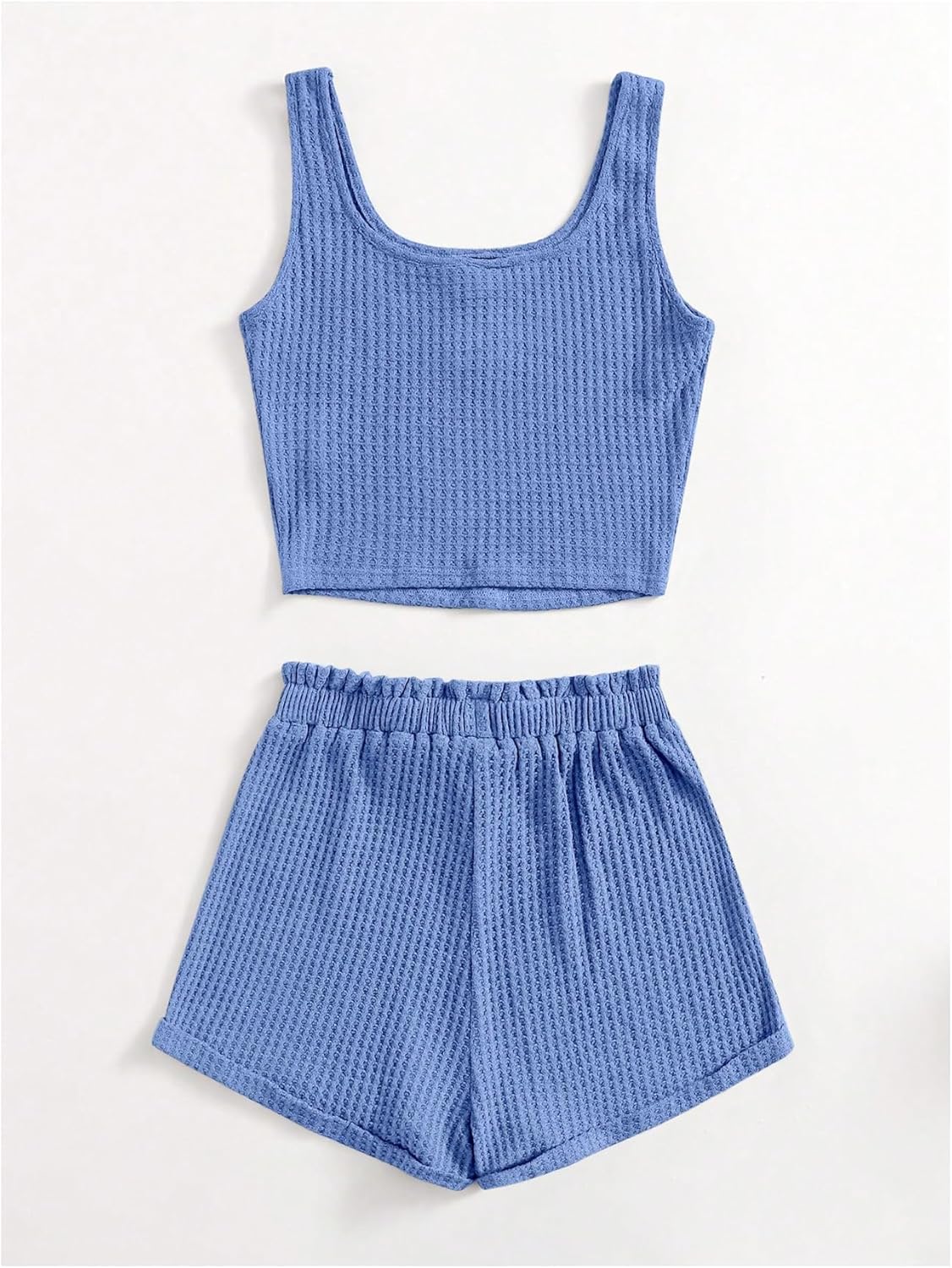 Girl's 2 Piece Outfits Waffle Knit Scoop Neck Button Down Crop Tank Tops Paperbag Waist Track Shorts - Image 2