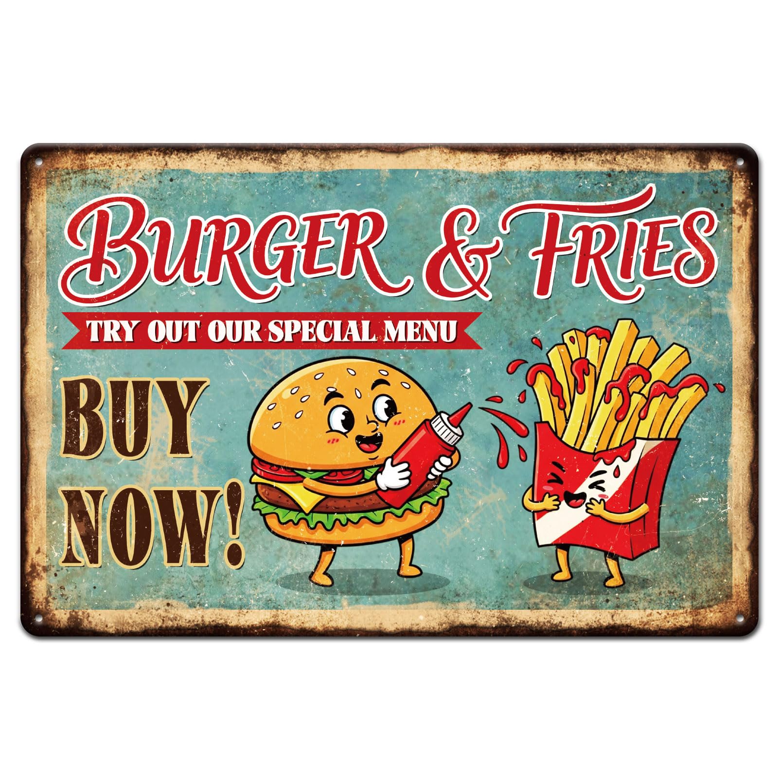 GLOBLELAND Hamburgers Fries Funny Metal Tin Sign 8x12in "Buy Now" Vintage Painting Tin Signs Wall Poster Plaque for Diner Fast Food Restaurant Kitchen Snack Bar Food Truck Cafeteria