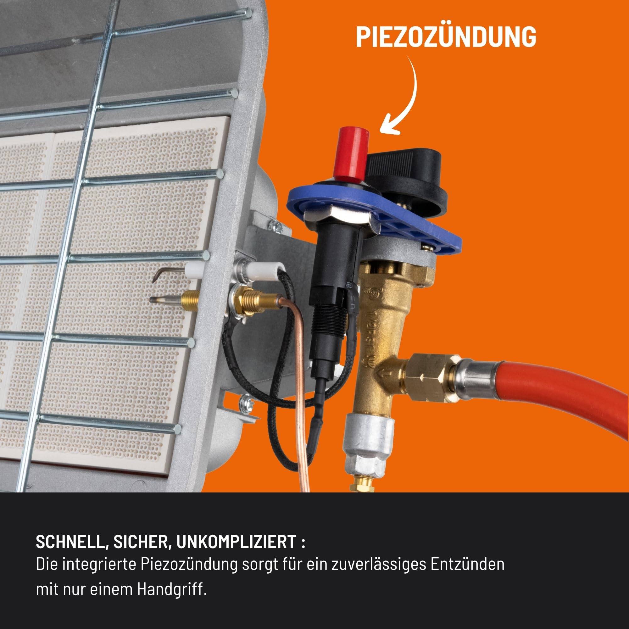 Güde Gasheizstrahler GHS 4200PIEZO (2,9-4,5 kW Heizleistung, 210-327 g/h Gasverbrauch, 40 cm Gasschlauch, rostfreier Reflektor, Schutzgitter, Druckminderer, Piezozündung, Thermosicherheitselement)