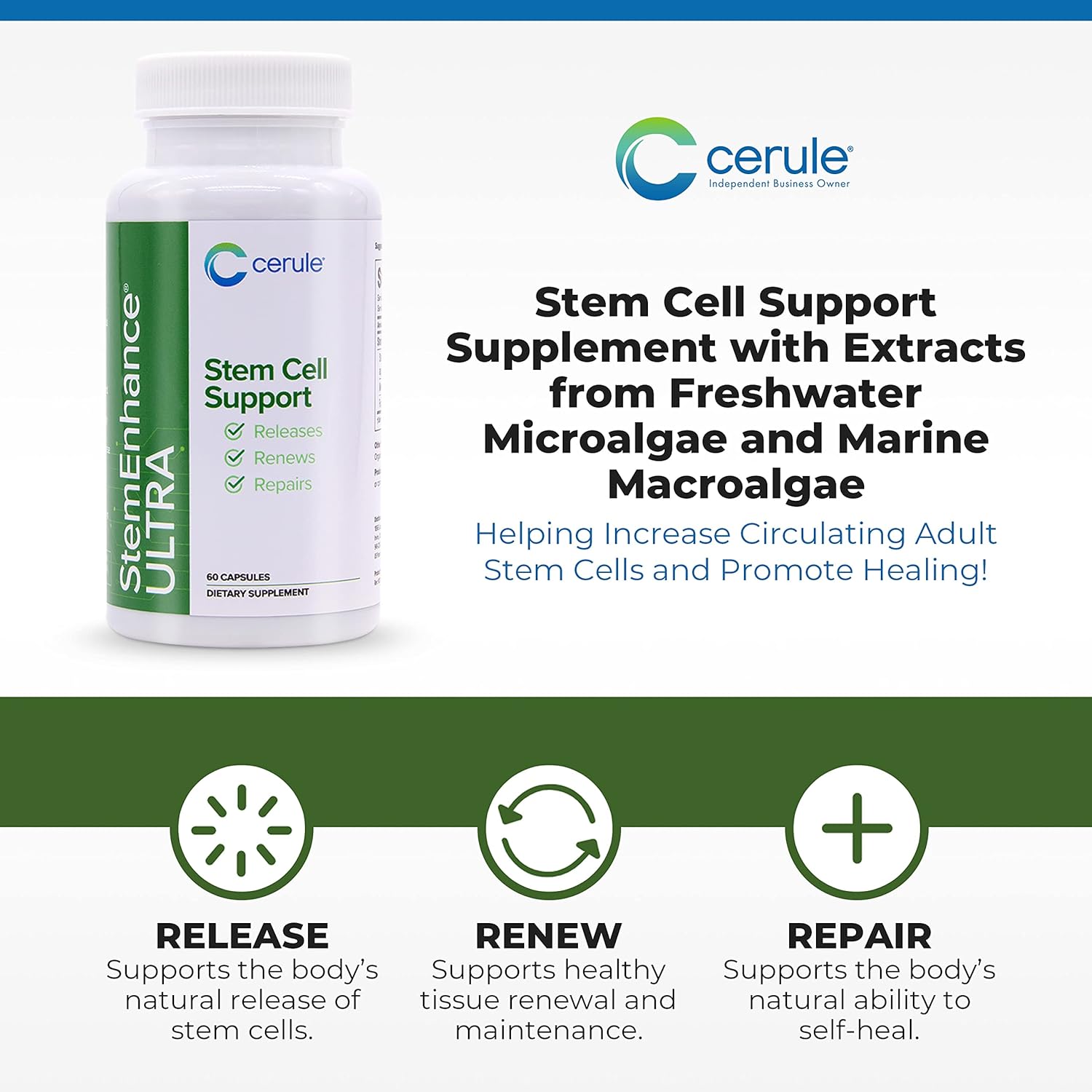 Cerule Stemenhance + Cyactive Spirulina Support Ultra Stem Cell Support Supplement with Extracts from Freshwater Microalgae and Marine Macroalgae to Help Increase Circulating Adult Stem Cells and Prom