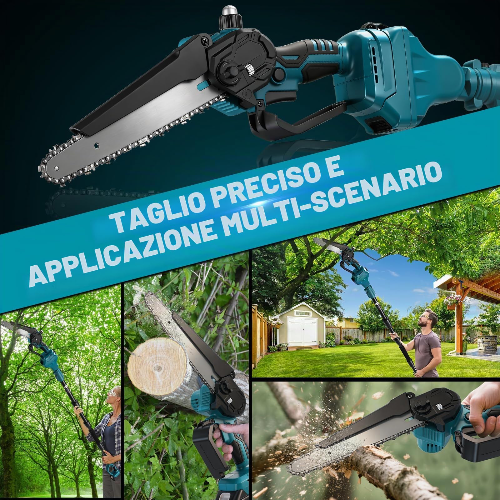 6 Pollici Motosega a Batteria Telescopica & 30 mm Forbici Potatura a Batteria, 4-in-1 Kit Motosega e Forbici con 4000 mAh Batterie, Portata Massima Fino a 4,5 m