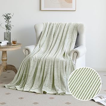PLEASANT BOULEVARD | Fuzzy Throw Blanket Double-Sided Design Checkered Striped Waffe Lightweight Fleece Blankets for Bed and Couch Decor Cozy, Soft, Cute for Women, Queen 90" x 90" Green