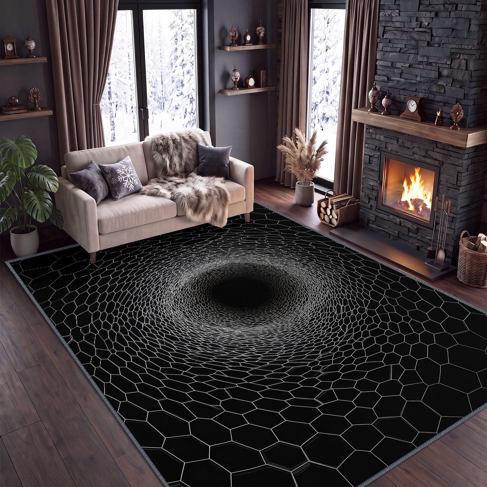Tapis de Salon Lavable 120 x 170 cm Grille Hexagonale Tunnel, Tapis Antidérapant à Poils Ras Illusion Optique pour Cuisine Bureau Salle à Manger - Moquette Décoration Intérieure Chambre d'enfant