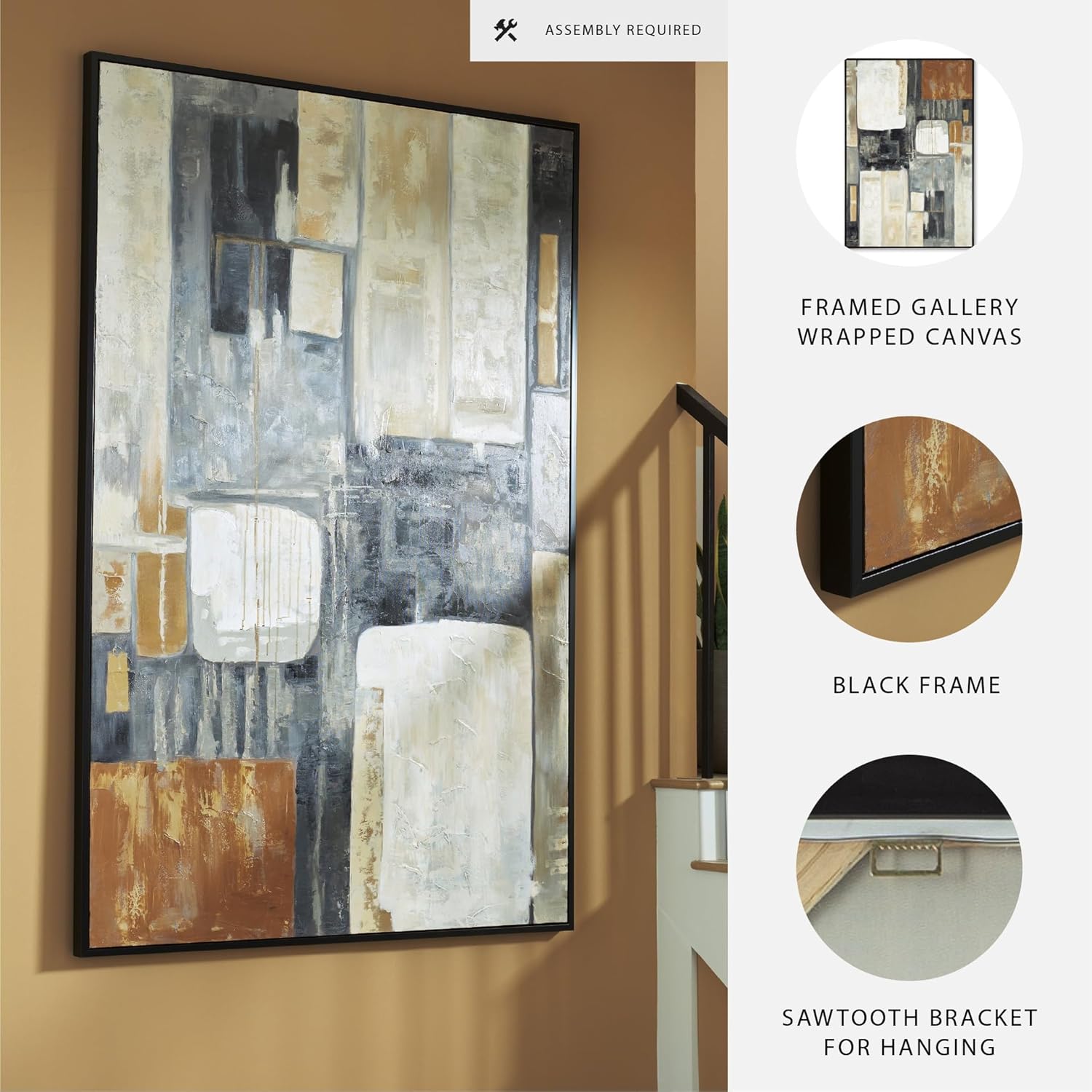 Signature Design by Ashley Howford Contemporary Rectangular Abstract Framed Hand-painted Wall Art 48 x 72 Inches, Black & Gray